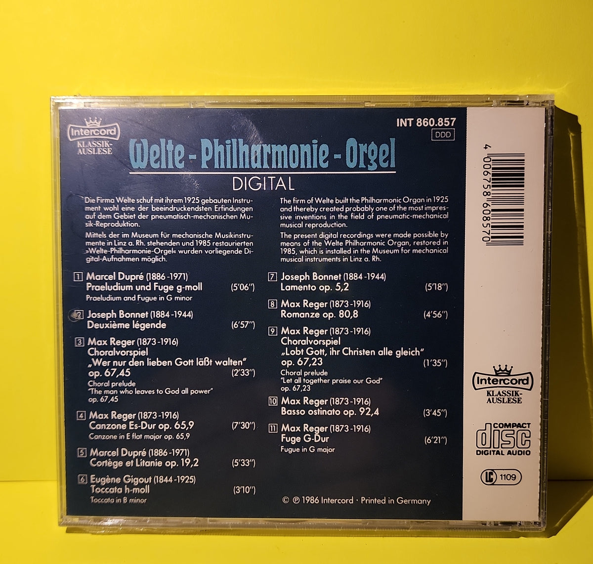 Marcel Dupré, Joseph Bonnet, Max Reger, Eugène Gigout - Welte-Philharmonie-Orgel - 1986 - INT 860.857 New - Sealed - CDs Marcel Dupré, Joseph Bonnet, Max Reger, Eugène Gigout - Welte-Philharmonie-Orgel - 1986 - INT 860.857 New - Sealed - CDs