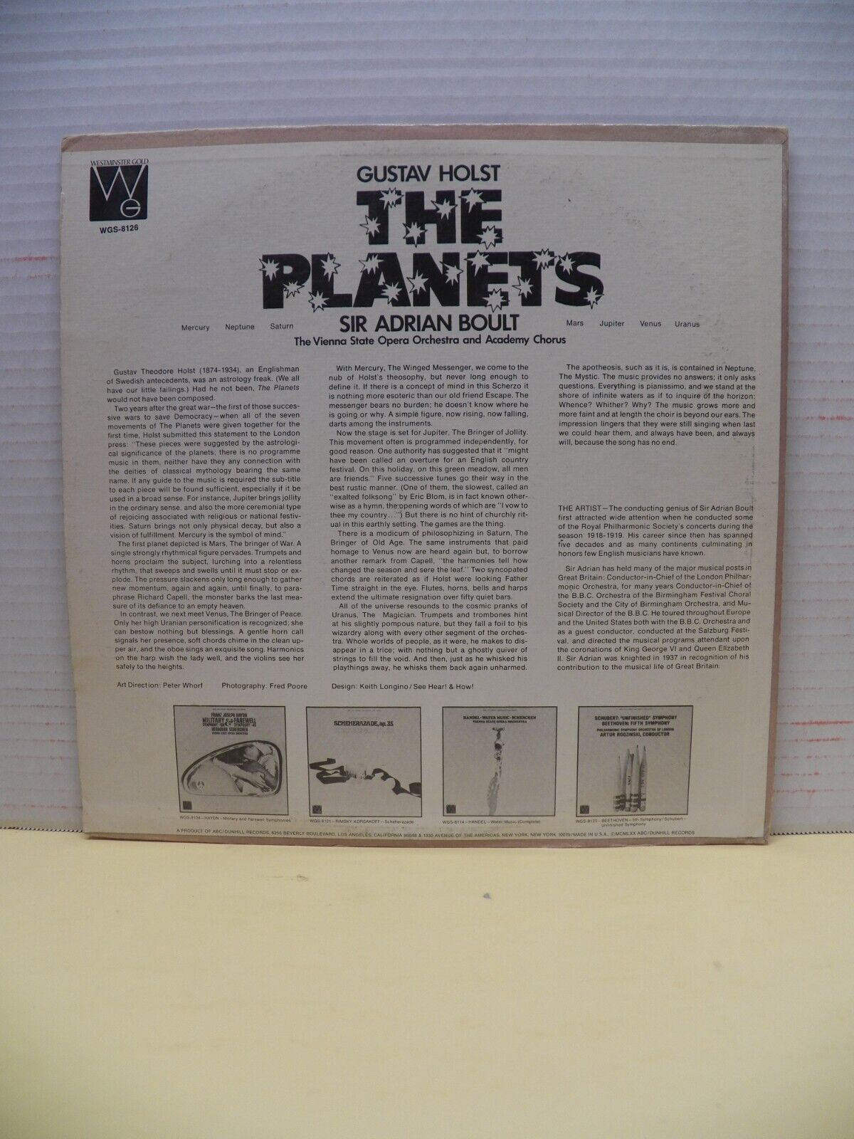 12" LP VG+ Sir Adrian Boult Gustav Holst The Planets 1970 Westminster Gold 12" LP VG+ Sir Adrian Boult Gustav Holst The Planets 1970 Westminster Gold