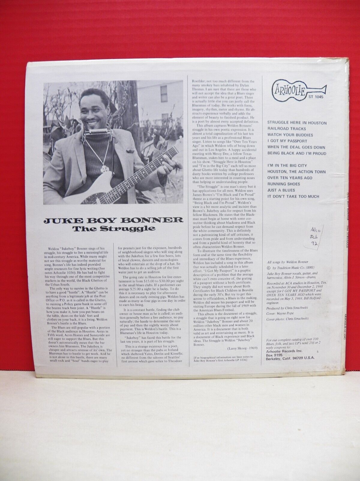 12" LP EX Juke Boy Bonner The Struggle 1969 Arhoolie Stereo ST 1045 12" LP EX Juke Boy Bonner The Struggle 1969 Arhoolie Stereo ST 1045