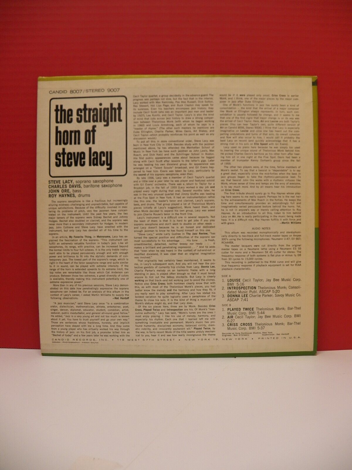 12" LP VG++/EX Steve Lacy The Straight Horn Of Steve Lacy 1962 Candid Stereo 12" LP VG++/EX Steve Lacy The Straight Horn Of Steve Lacy 1962 Candid Stereo