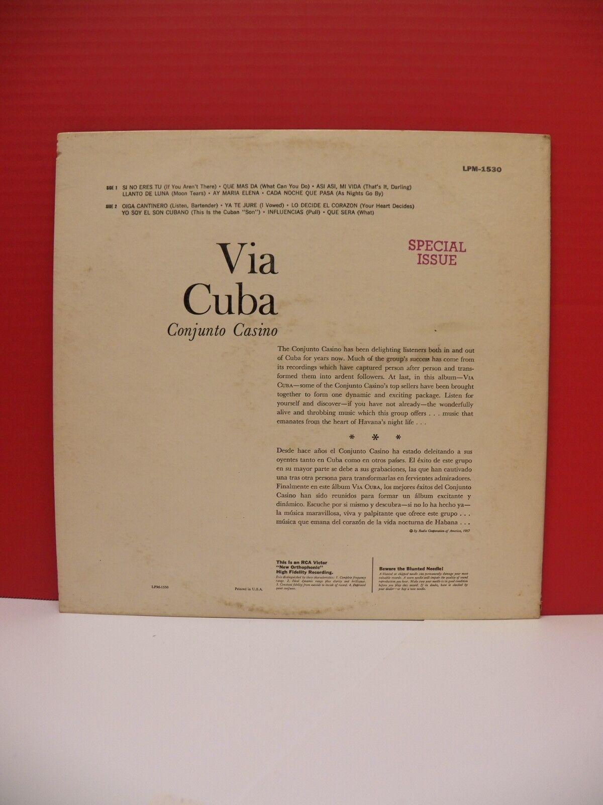12" LP EX Conjunto Casino Via Cuba 1957 RCA Victor Mono Promo LPM-1530 12" LP EX Conjunto Casino Via Cuba 1957 RCA Victor Mono Promo LPM-1530