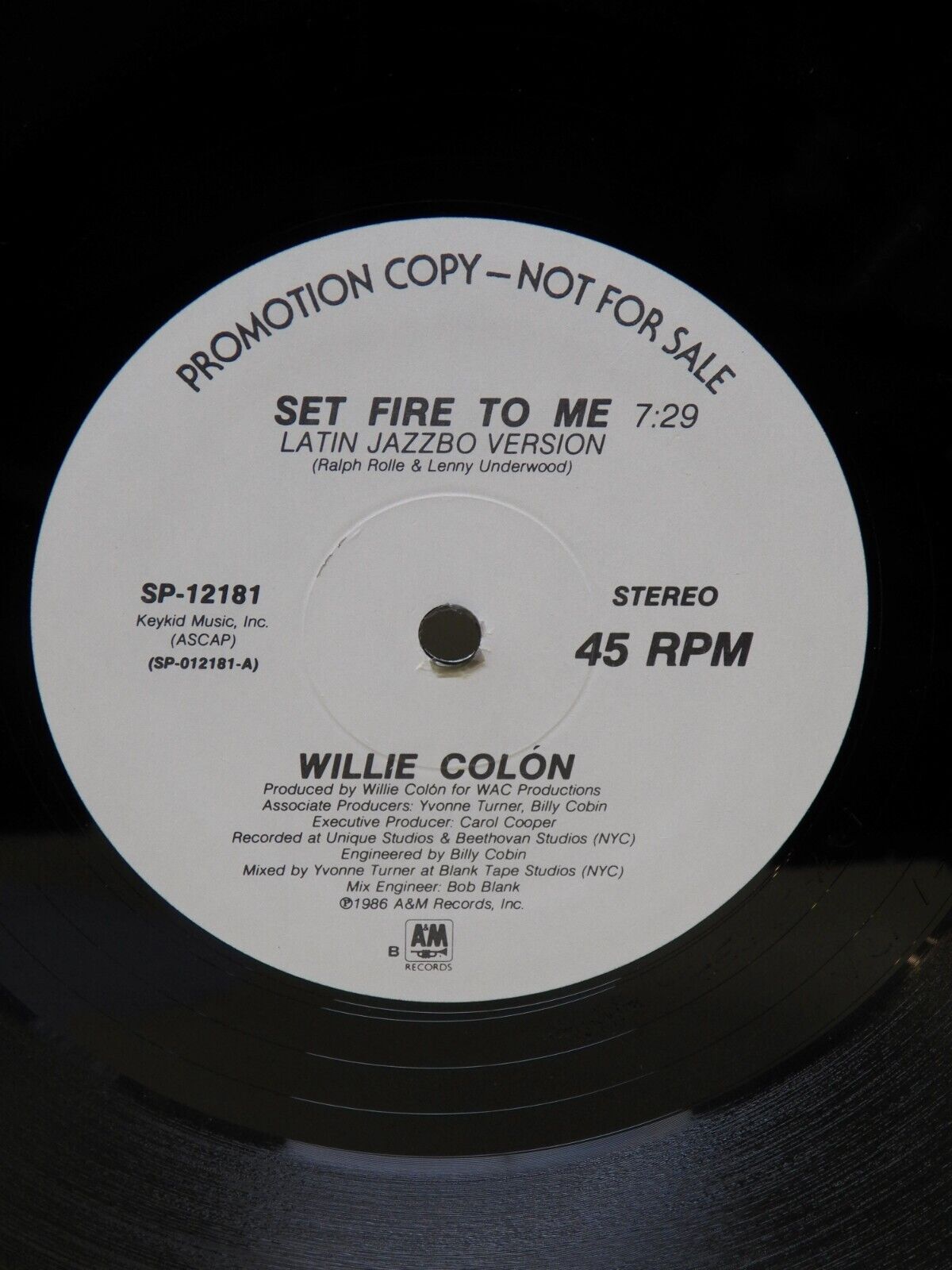 12" Single VG++/EX Willie Colón Set Fire To Me 1986 A&M Records SP-12181 12" Single VG++/EX Willie Colón Set Fire To Me 1986 A&M Records SP-12181