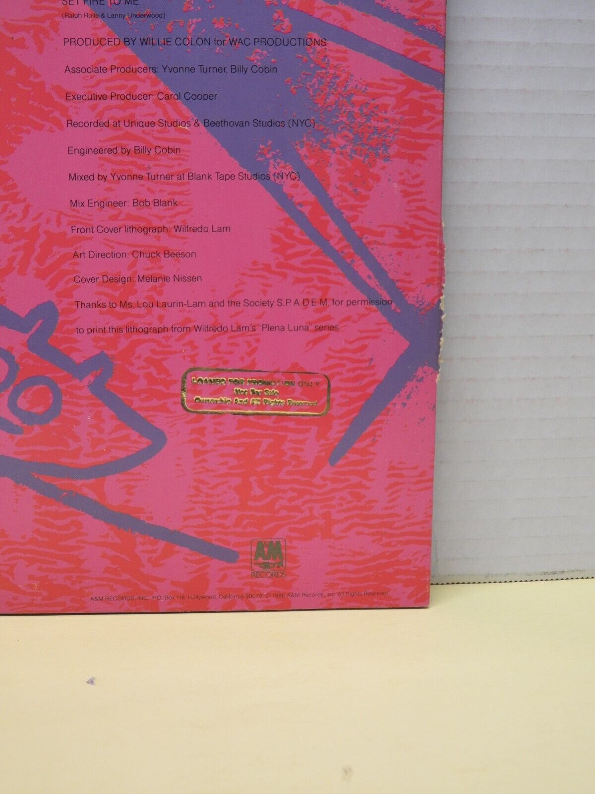 12" Single VG++/EX Willie Colón Set Fire To Me 1986 A&M Records SP-12181 12" Single VG++/EX Willie Colón Set Fire To Me 1986 A&M Records SP-12181