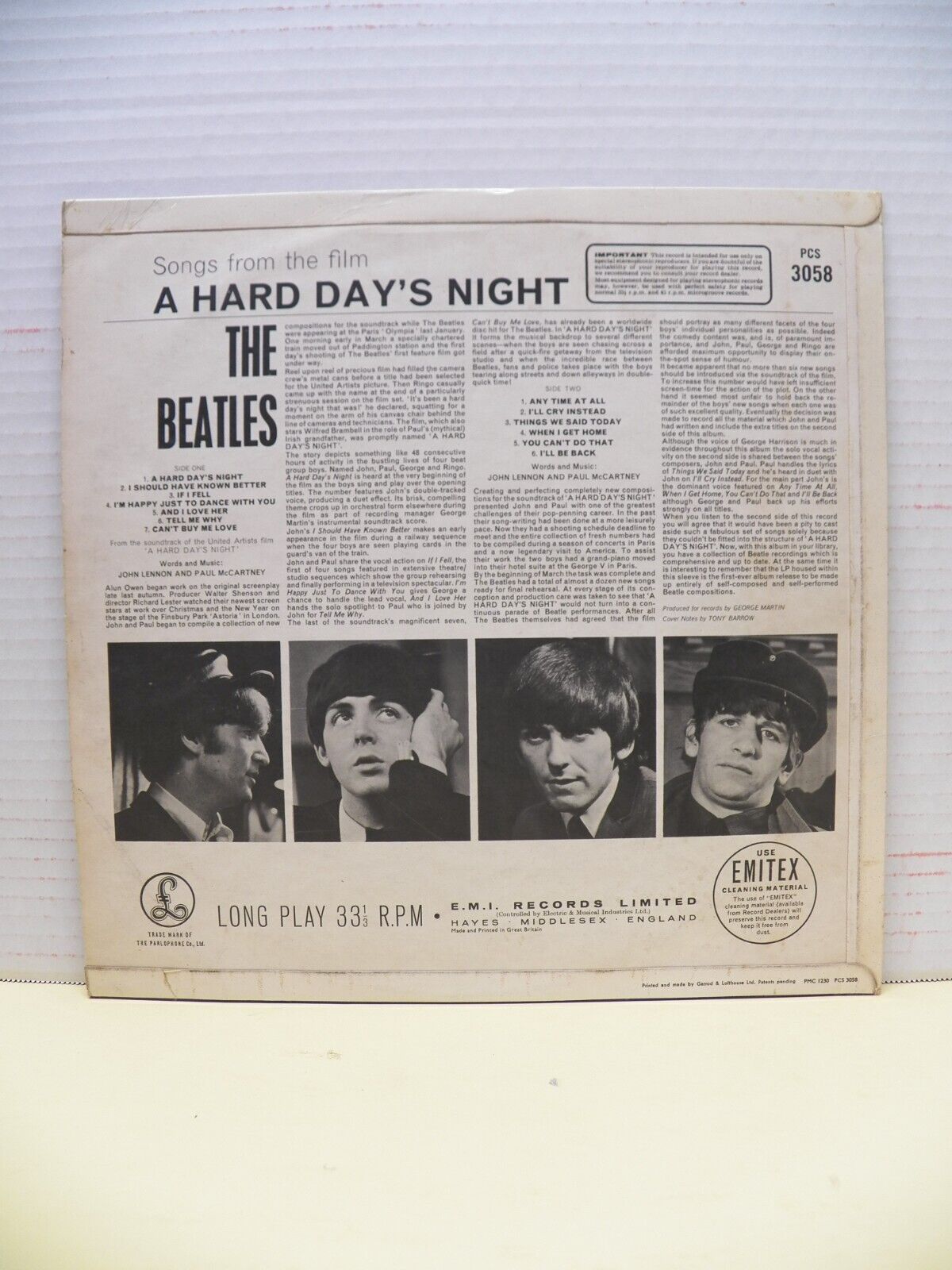 12" LP EX The Beatles A Hard Day's Night 1968 Parlophone Stereo UK Import 12" LP EX The Beatles A Hard Day's Night 1968 Parlophone Stereo UK Import