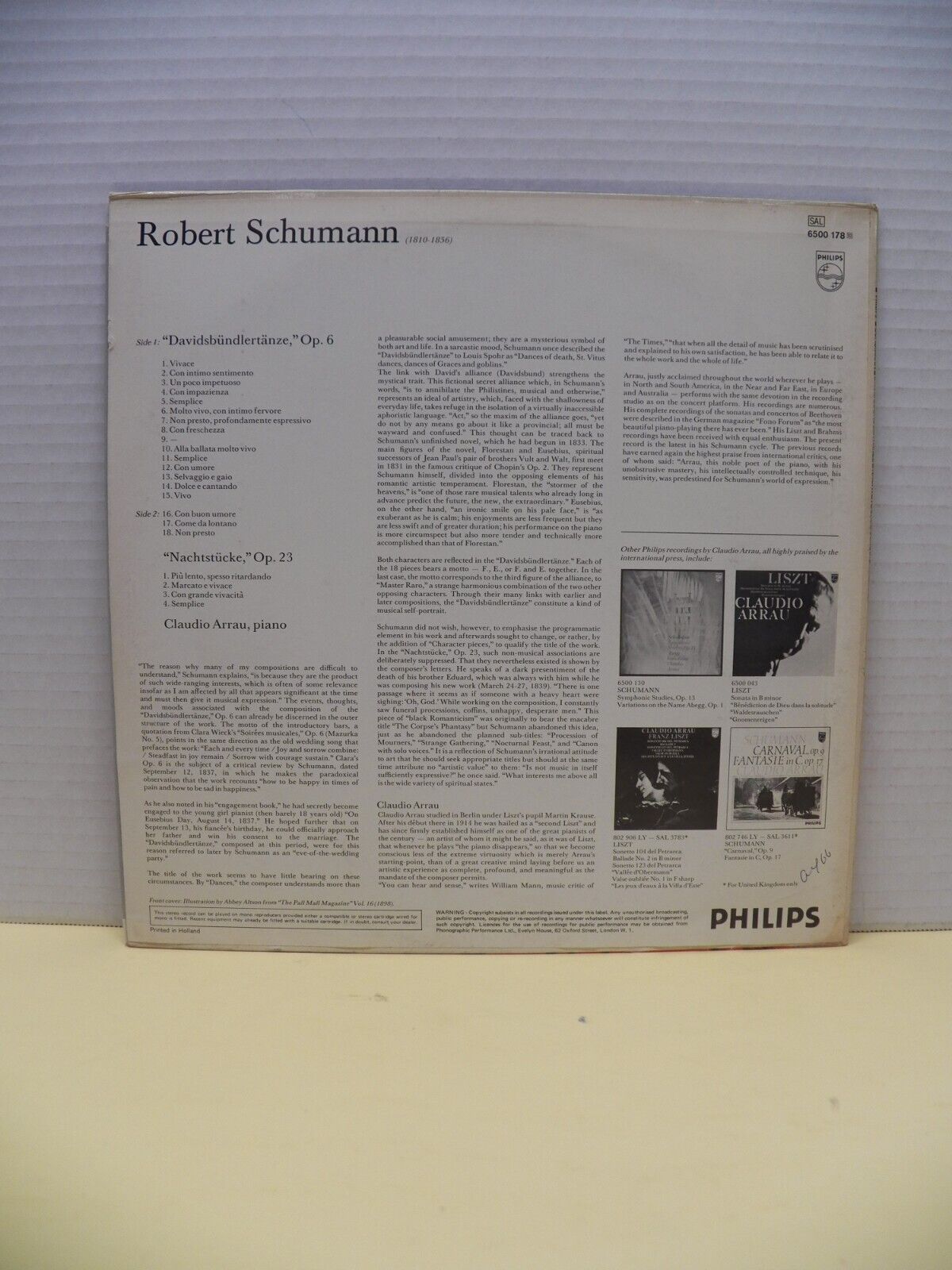 12" LP EX Claudio Arrau Schumann Davidsbundlertanze 1971 Philips UK Import 12" LP EX Claudio Arrau Schumann Davidsbundlertanze 1971 Philips UK Import