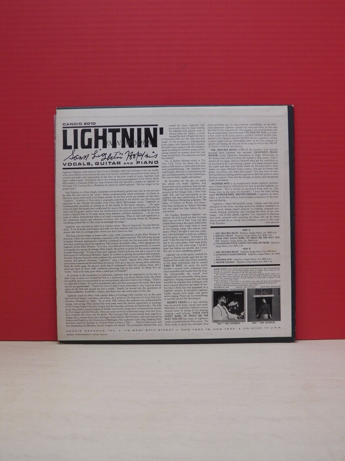 12" LP VG Sam Lightnin' Hopkins Lightnin' In New York 1961 Candid Mono CJM 8010 12" LP VG Sam Lightnin' Hopkins Lightnin' In New York 1961 Candid Mono CJM 8010