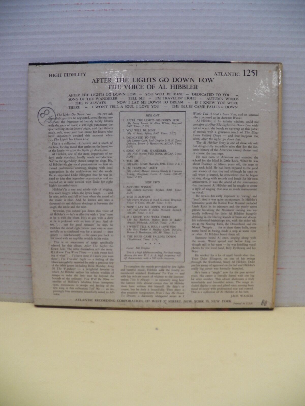 12" LP VG++/EX Al Hibbler After The Lights Go Down Low 1957 Atlantic 1251 12" LP VG++/EX Al Hibbler After The Lights Go Down Low 1957 Atlantic 1251