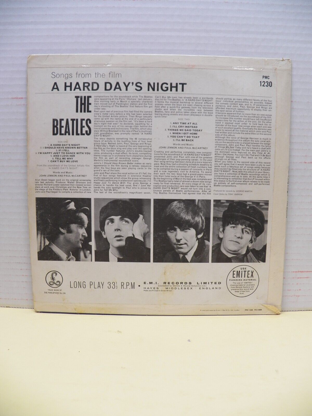 12" LP EX The Beatles A Hard Day's Night 1964 Mono Ernest J. Day Cover UK Import 12" LP EX The Beatles A Hard Day's Night 1964 Mono Ernest J. Day Cover UK Import