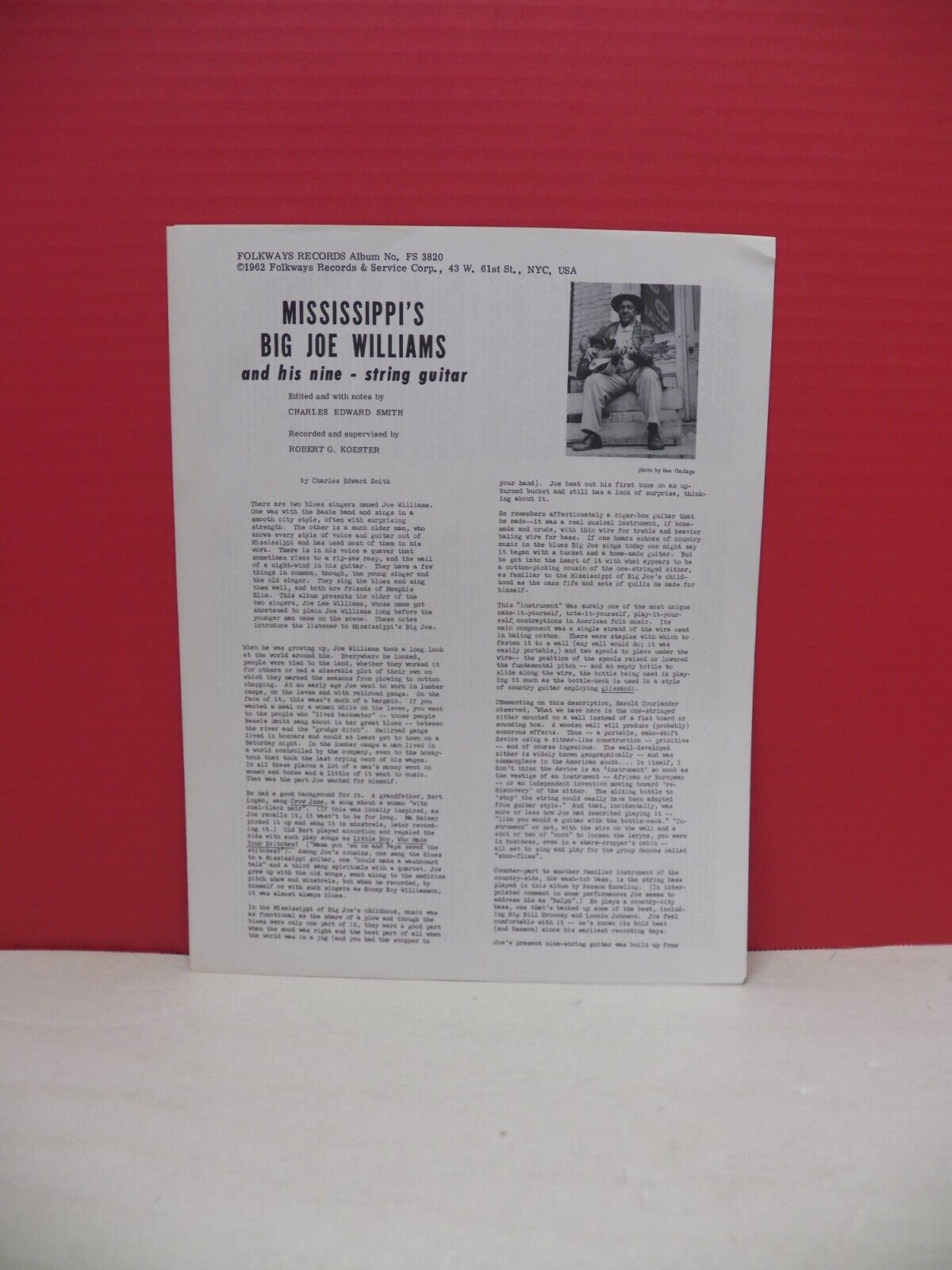 12" LP EX Mississippi's Big Joe Williams And His Nine-String Guitar Folkways 12" LP EX Mississippi's Big Joe Williams And His Nine-String Guitar Folkways