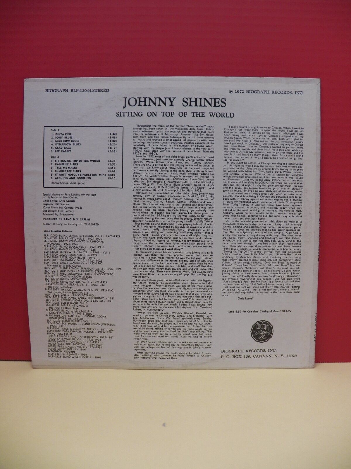 12" LP VG++/EX Johnny Shines Sittin' On Top Of The World 1972 Biograph Stereo 12" LP VG++/EX Johnny Shines Sittin' On Top Of The World 1972 Biograph Stereo
