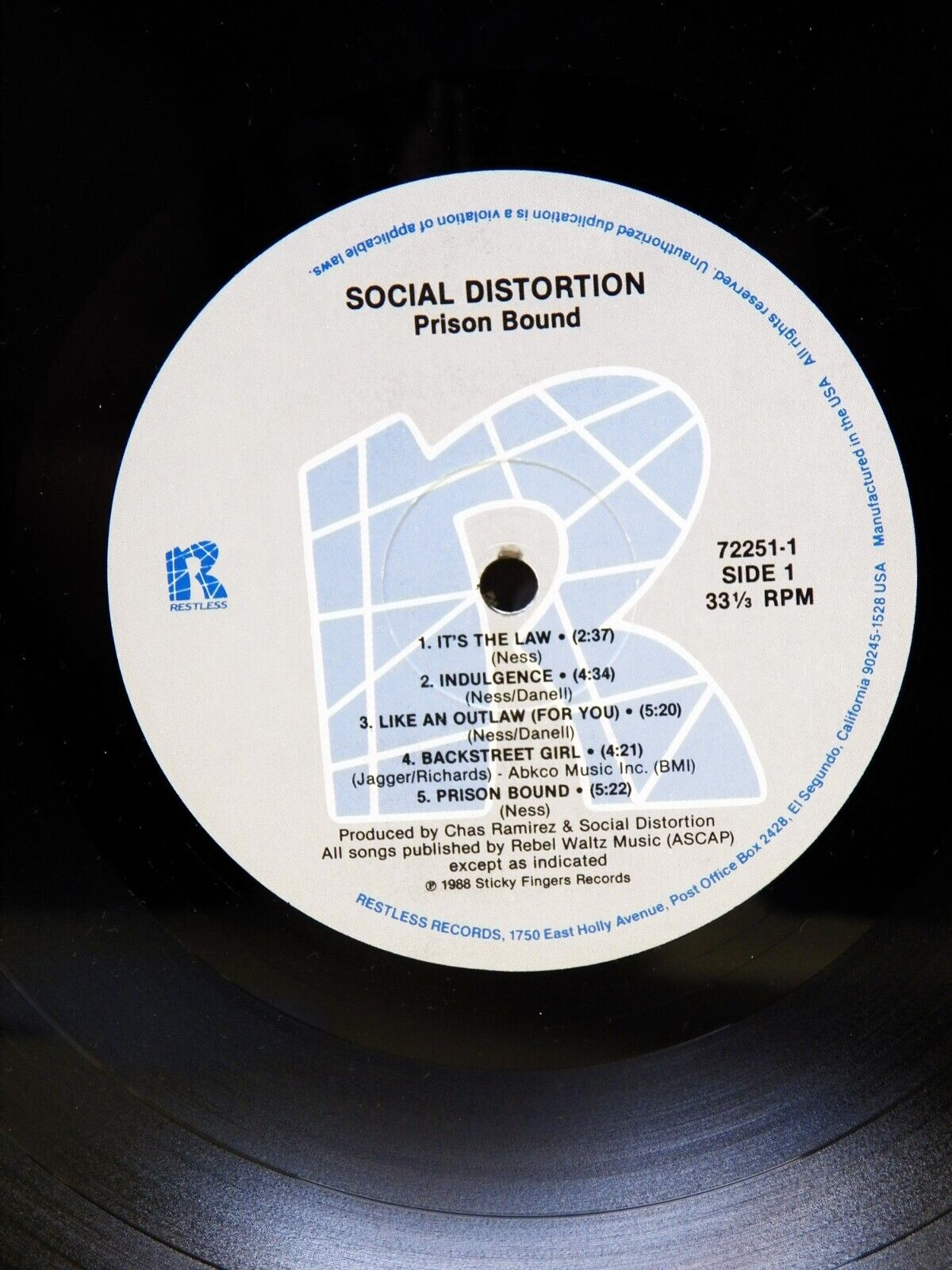 12" LP VG++/EX Social Distortion Prison Bound 1988 Restless Records 72251-1 12" LP VG++/EX Social Distortion Prison Bound 1988 Restless Records 72251-1