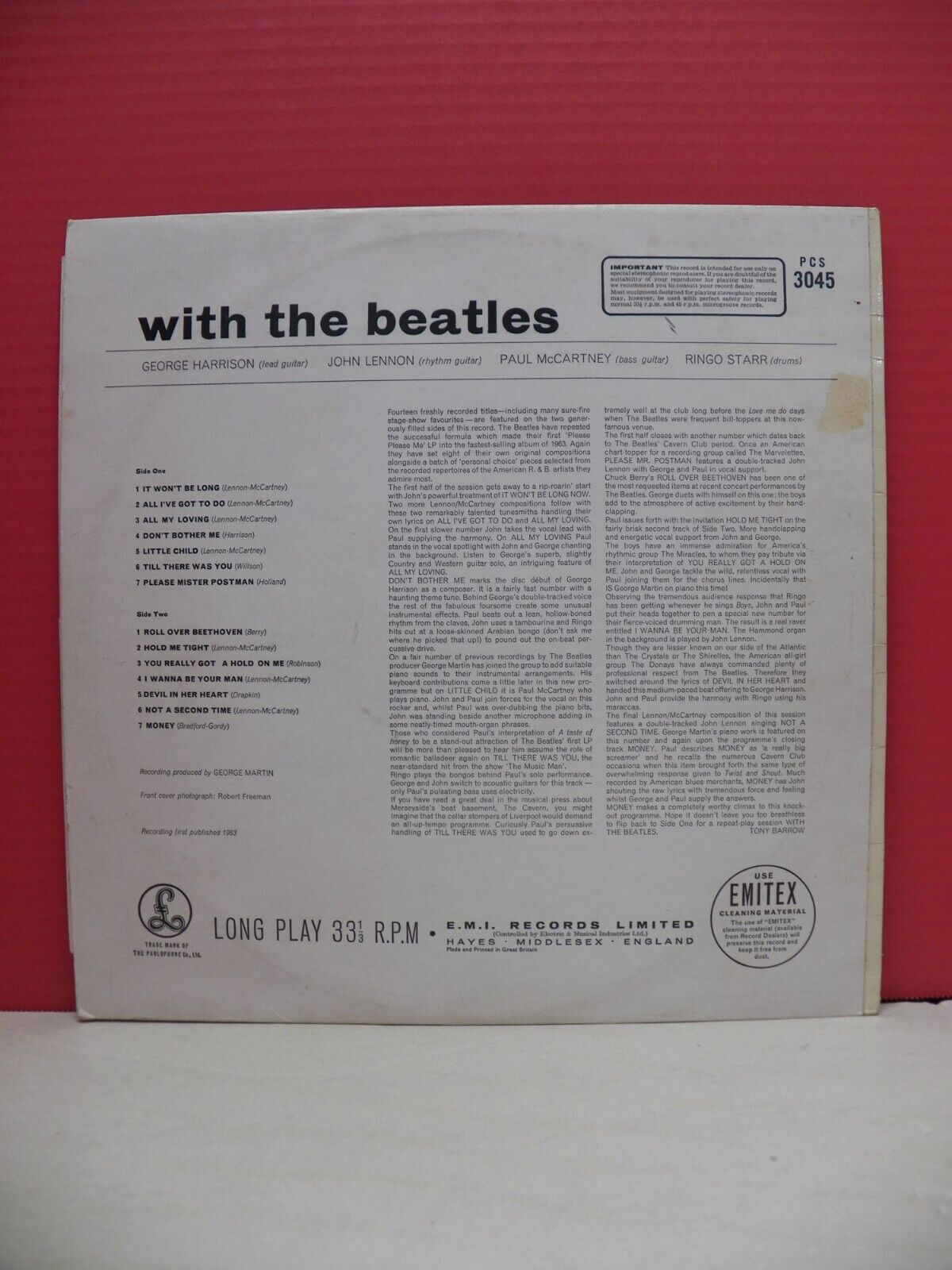 12" LP VG+ The Beatles With The Beatles 1976 Parlophone Stereo Reissue UK Import 12" LP VG+ The Beatles With The Beatles 1976 Parlophone Stereo Reissue UK Import