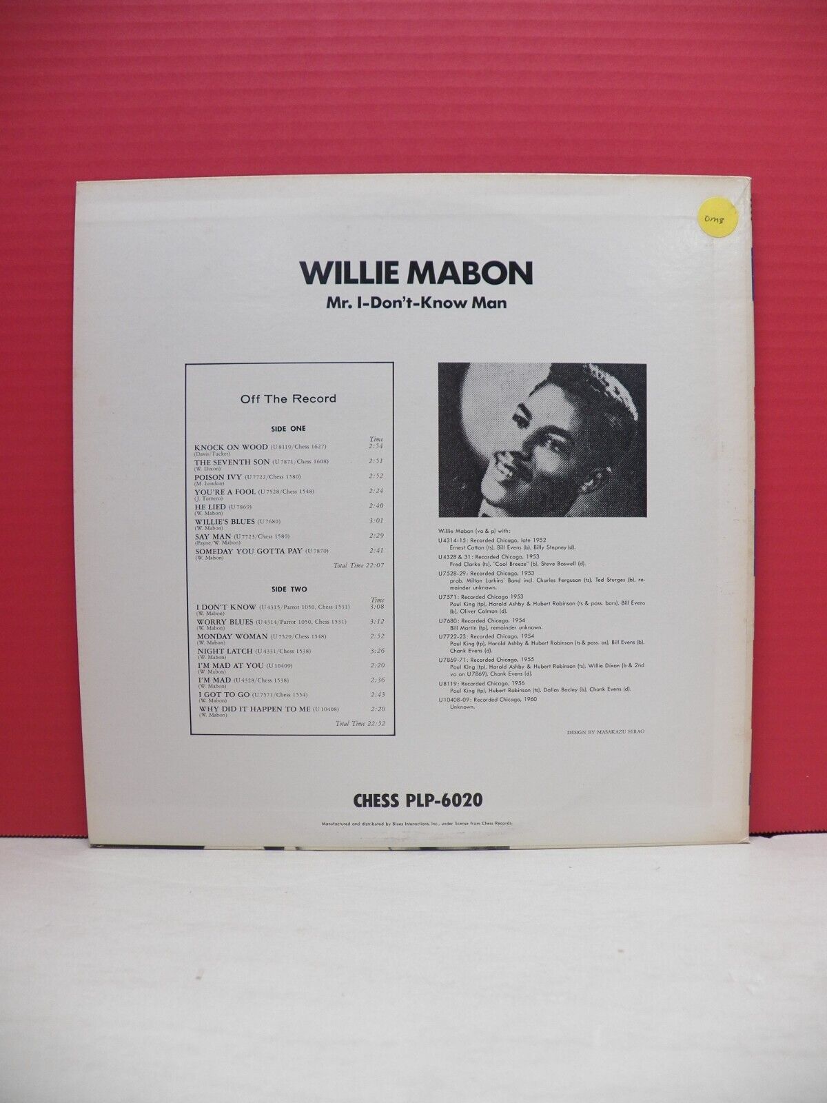 12" LP NM- Willie Mabon Mr. I-Don't-Know Man 1984 Chess Japan Import PLP-6020 12" LP NM- Willie Mabon Mr. I-Don't-Know Man 1984 Chess Japan Import PLP-6020