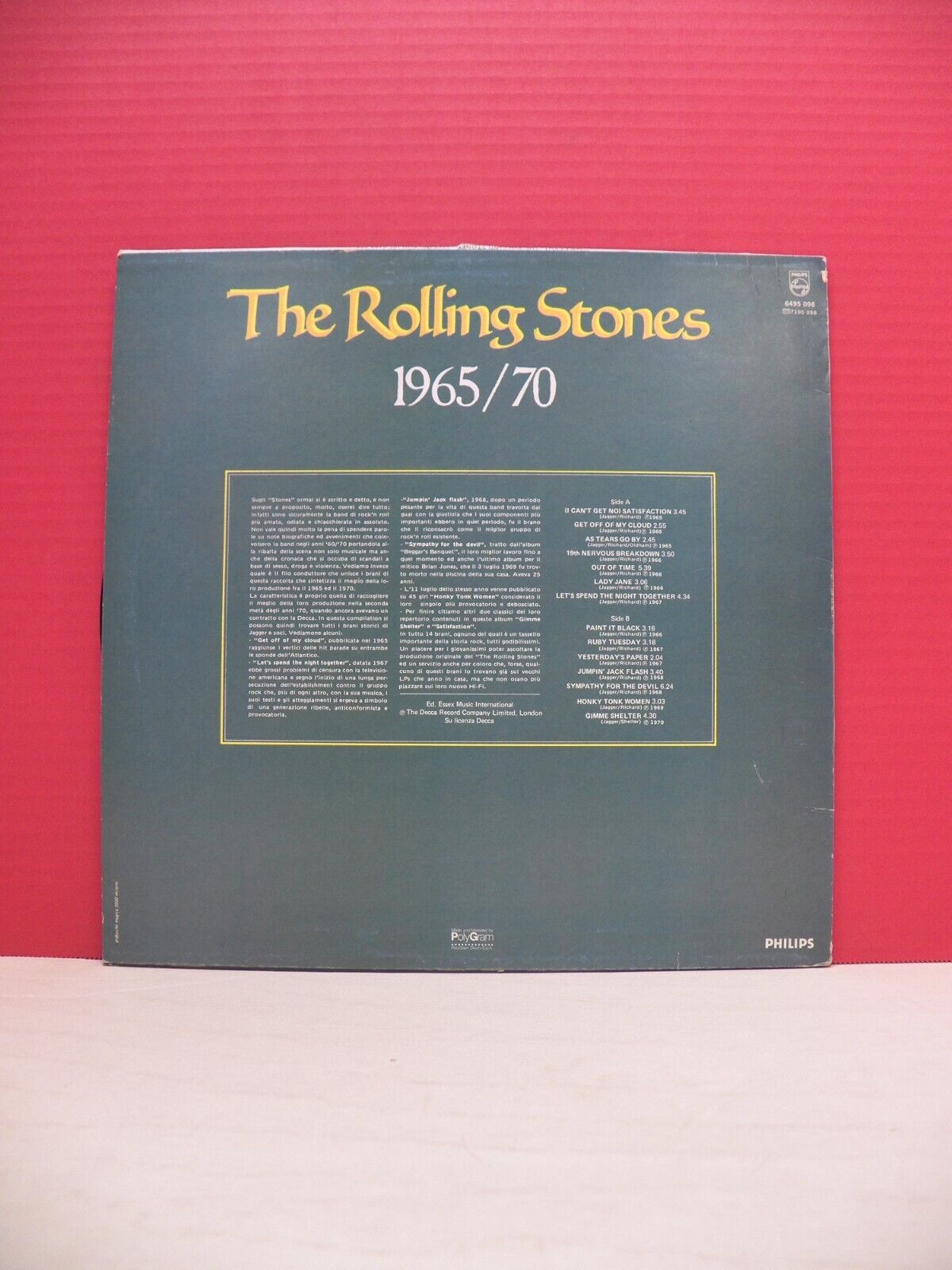 12" LP NM The Rolling Stones 1965/70 1984 Philips Italy Import 6495 098 12" LP NM The Rolling Stones 1965/70 1984 Philips Italy Import 6495 098
