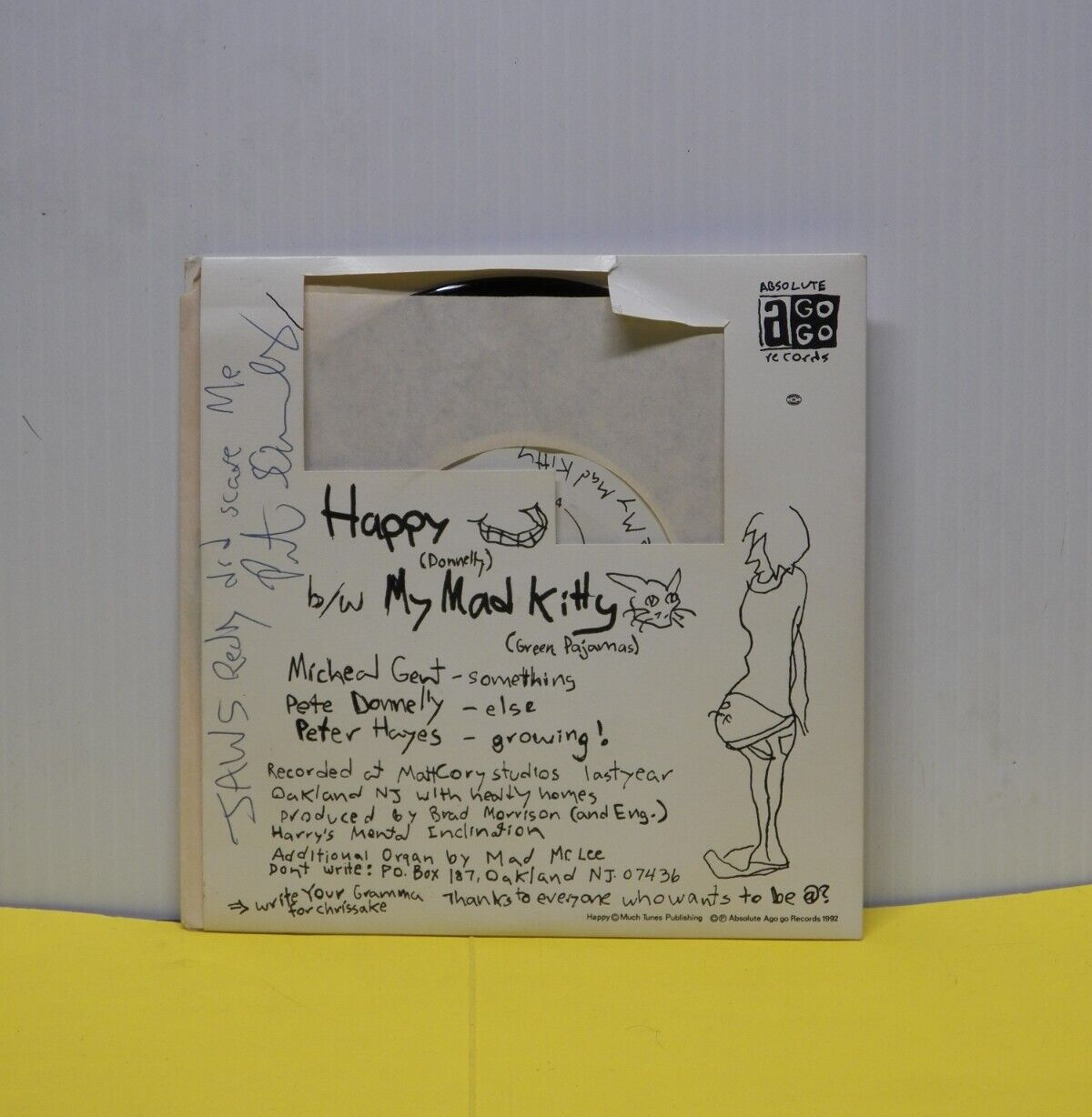 7" Single EX The Figgs Happy / My Mad Kitty 1992 Absolute A Go Go Autographed 7" Single EX The Figgs Happy / My Mad Kitty 1992 Absolute A Go Go Autographed