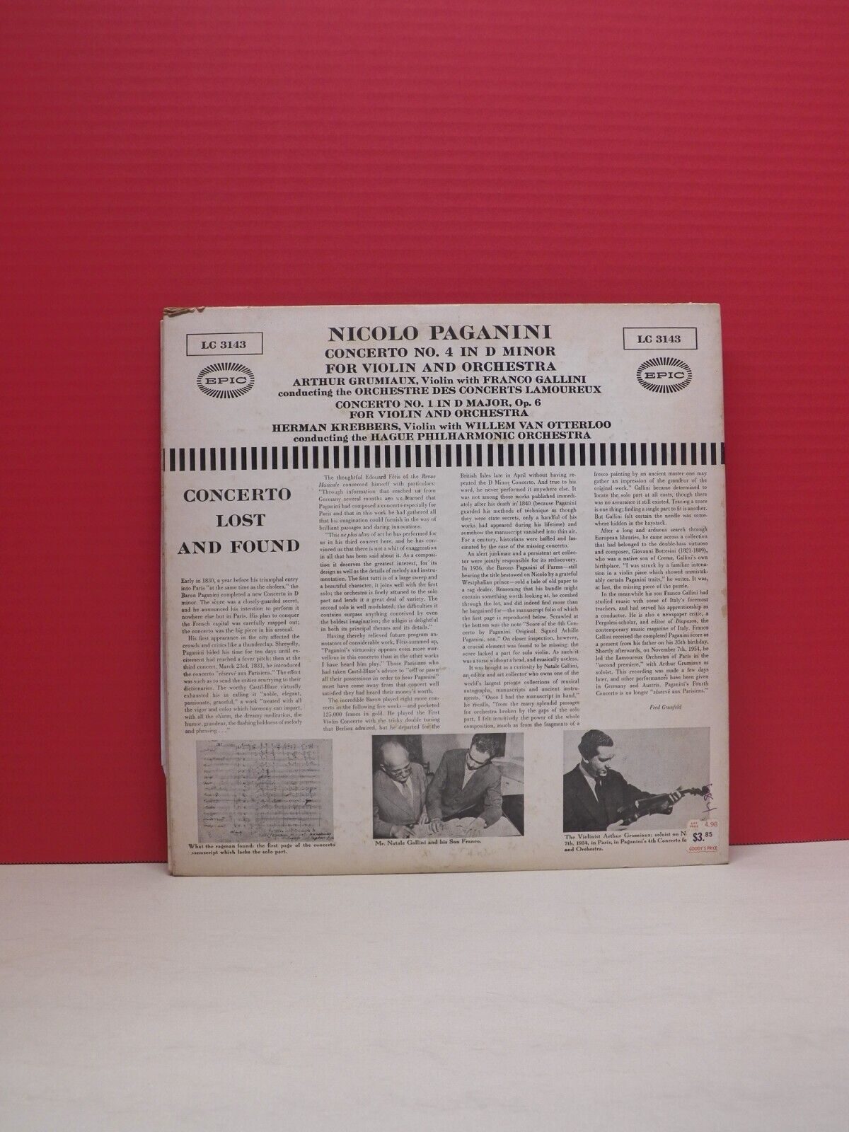 12" LP EX Paganini Concerto No. 4 in D Minor/Concerto No. 1 in D Major 1955 Mono 12" LP EX Paganini Concerto No. 4 in D Minor/Concerto No. 1 in D Major 1955 Mono