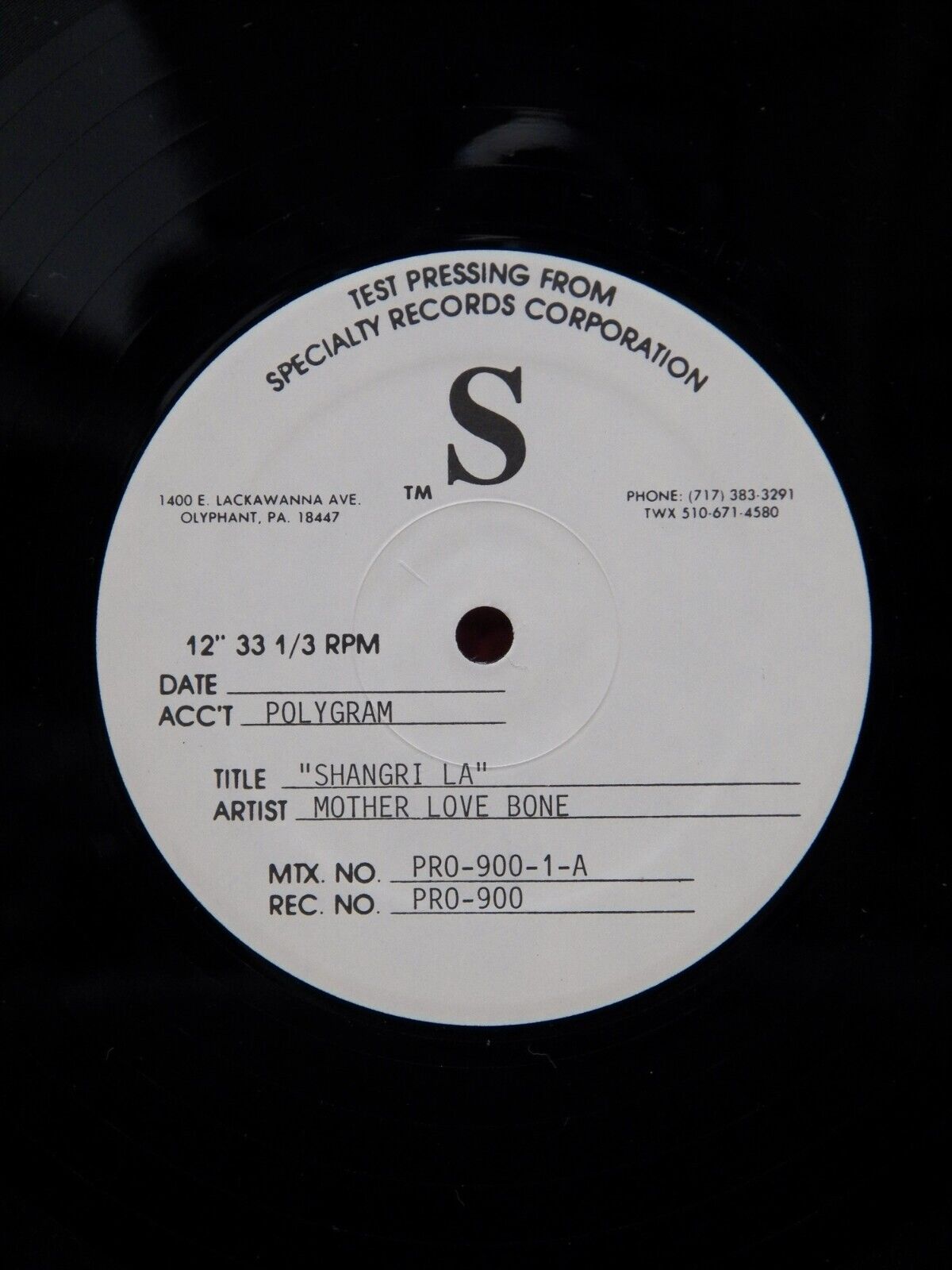 12" Single EX Mother Love Bone Shangri La 1990 Polygram Test Pressing PRO-900 12" Single EX Mother Love Bone Shangri La 1990 Polygram Test Pressing PRO-900