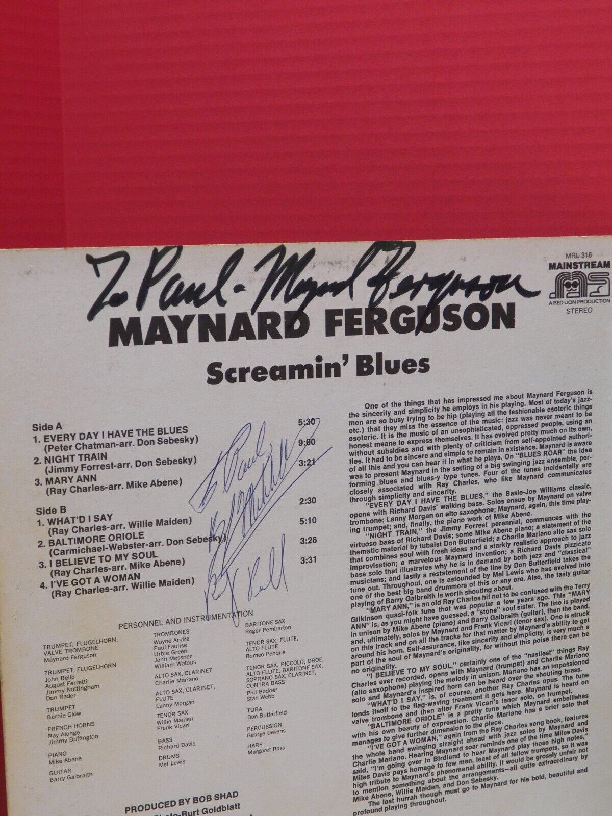 12" LP EX Maynard Ferguson Screamin' Blues 1971 Mainstream Reissue MRL Autograph 12" LP EX Maynard Ferguson Screamin' Blues 1971 Mainstream Reissue MRL Autograph