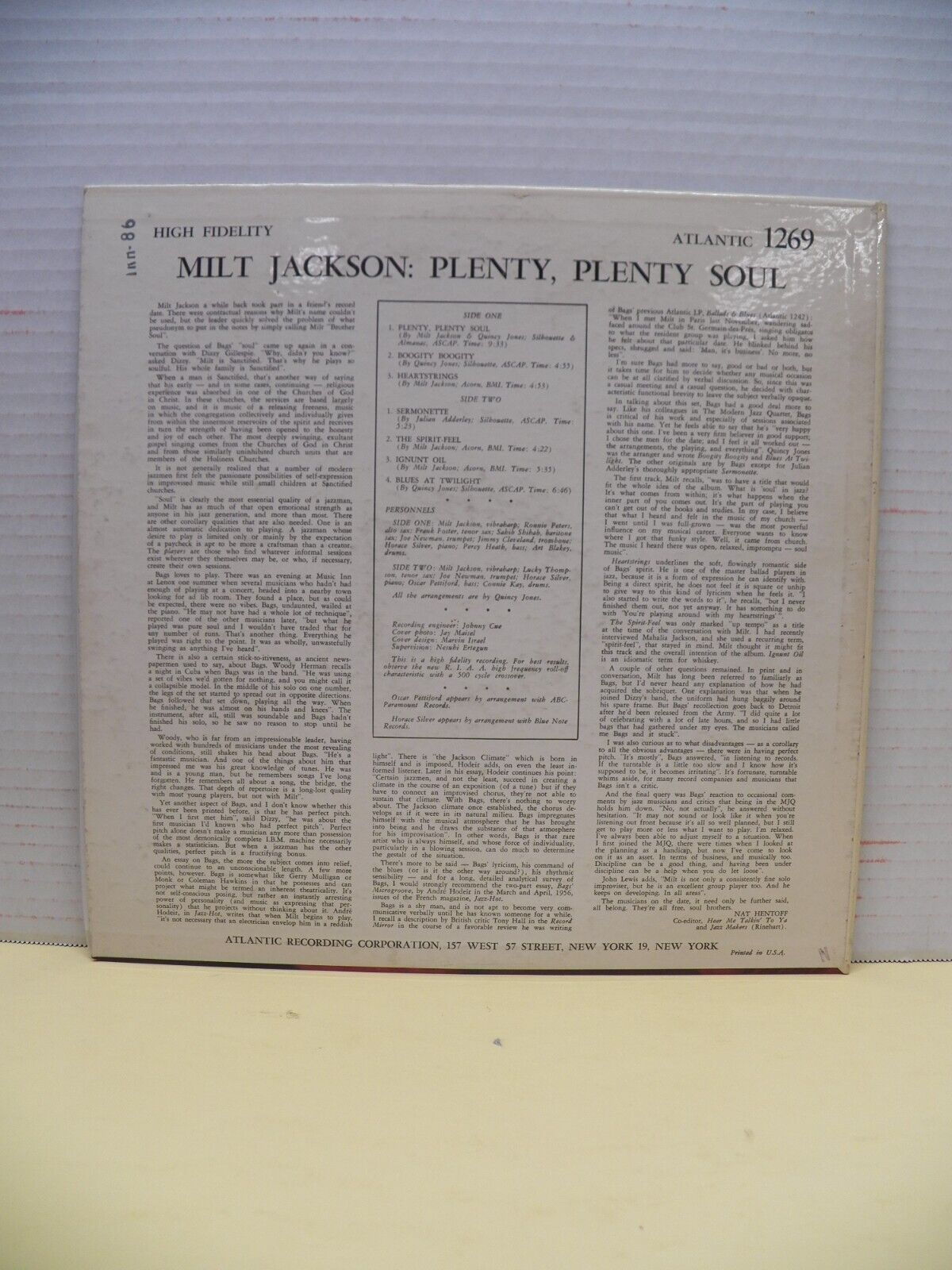 12" LP VG++/EX Milt Jackson Plenty, Plenty Soul 1957 Atlantic Mono 1269 12" LP VG++/EX Milt Jackson Plenty, Plenty Soul 1957 Atlantic Mono 1269