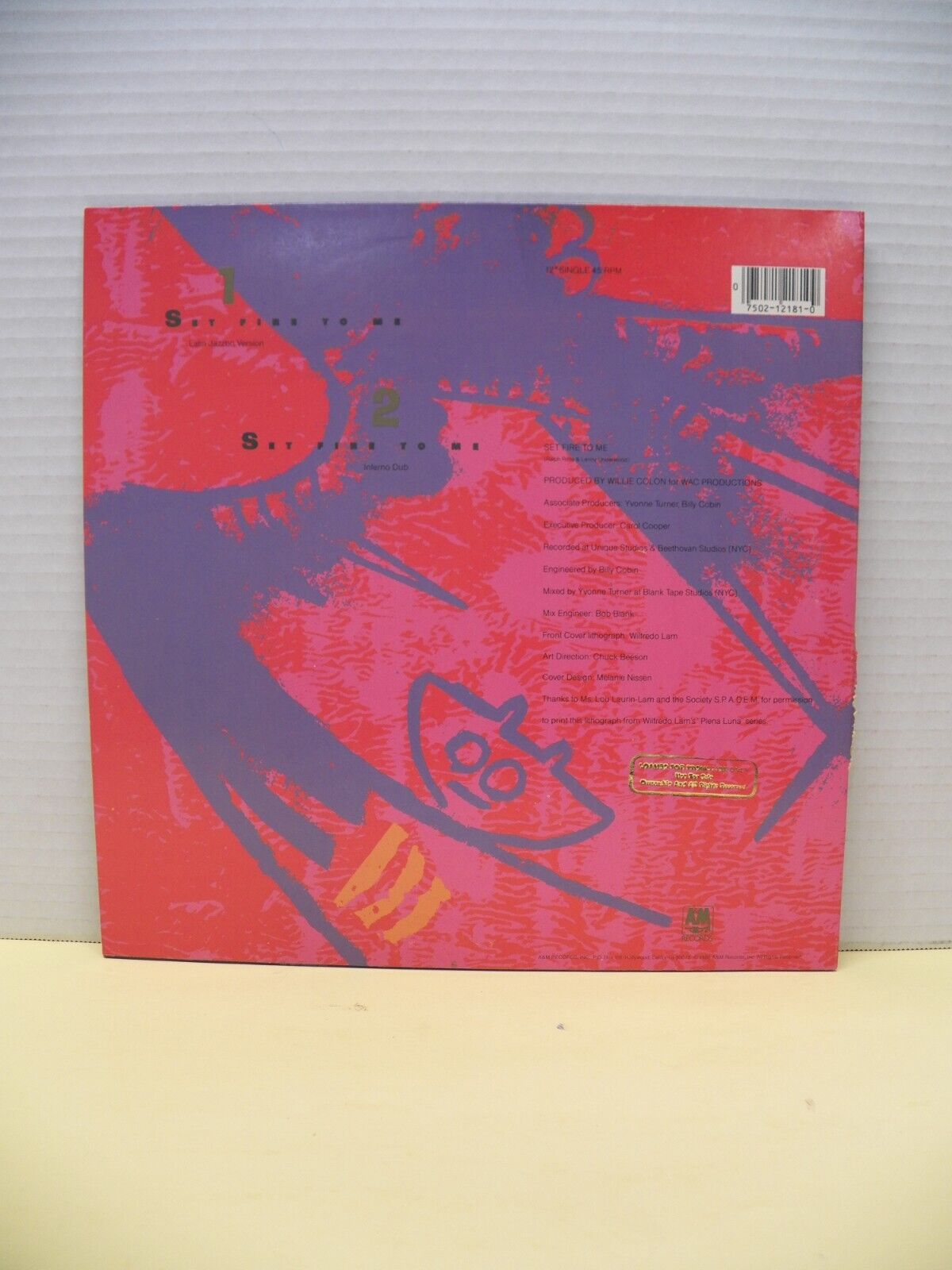12" Single VG++/EX Willie Colón Set Fire To Me 1986 A&M Records SP-12181 12" Single VG++/EX Willie Colón Set Fire To Me 1986 A&M Records SP-12181