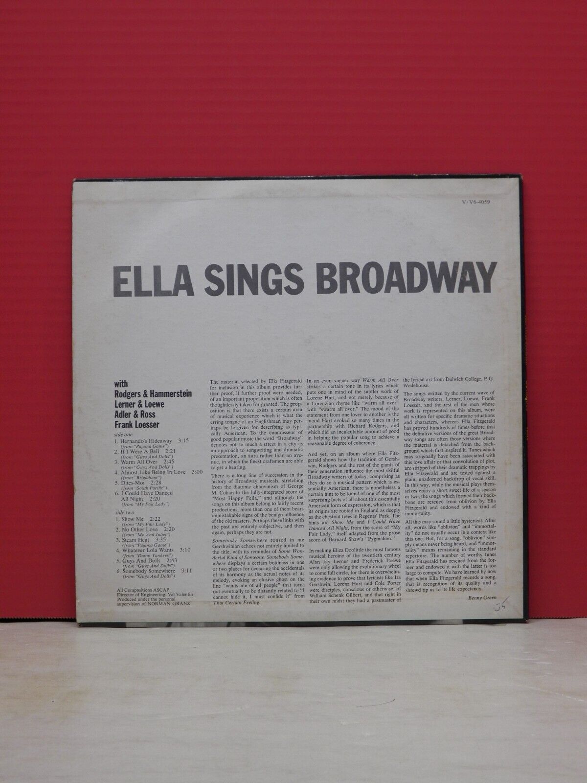 12" LP VG++/EX Ella Fitzgerald Ella Sings Broadway 1963 Verve Mono V-4059 12" LP VG++/EX Ella Fitzgerald Ella Sings Broadway 1963 Verve Mono V-4059