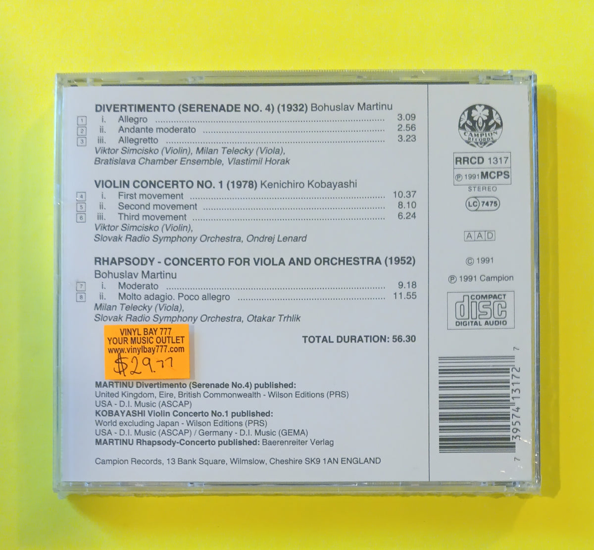 Bohuslav Martinu / Kenichiro Kobayashi - Rhapsody-Concerto For Viola And Orchestra • Divertimento (Serenade No. 4) • Violin Concerto No. 1 - 1991 - RRCD 1317 New - Sealed - CDs Bohuslav Martinu / Kenichiro Kobayashi - Rhapsody-Concerto For Viola And Orchestra • Divertimento (Serenade No. 4) • Violin Concerto No. 1 - 1991 - RRCD 1317 New - Sealed - CDs