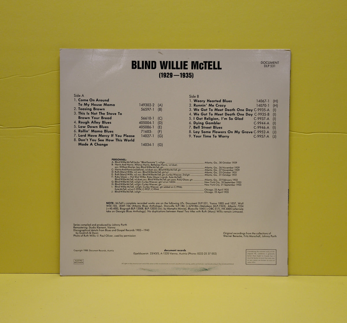 Blind Willie McTell - (1929-1935) - 1988 - DLP 531 Used - EX - Vinyl - Limited Edition - Remastered - Mono Blind Willie McTell - (1929-1935) - 1988 - DLP 531 Used - EX - Vinyl - Limited Edition - Remastered - Mono