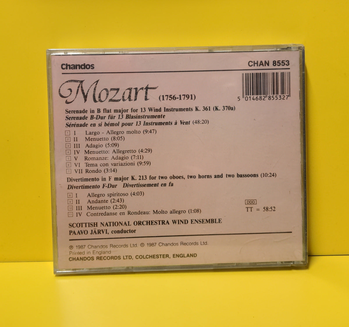 Mozart, Scottish National Orchestra Wind Ensemble, Paavo Jarvi - Serenade In B Flat Major K. 361 • Divertimento In F Major K. 213 - 1987 - CHAN 8553 New - Sealed - CDs Mozart, Scottish National Orchestra Wind Ensemble, Paavo Jarvi - Serenade In B Flat Major K. 361 • Divertimento In F Major K. 213 - 1987 - CHAN 8553 New - Sealed - CDs