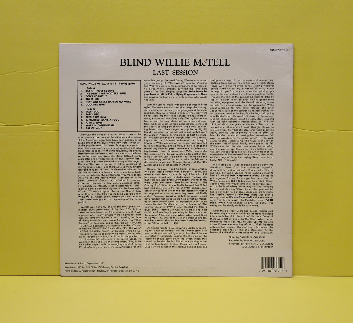 Blind Willie McTell - Last Session - 1987 - OBC-517 Used - EX - Vinyl Blind Willie McTell - Last Session - 1987 - OBC-517 Used - EX - Vinyl
