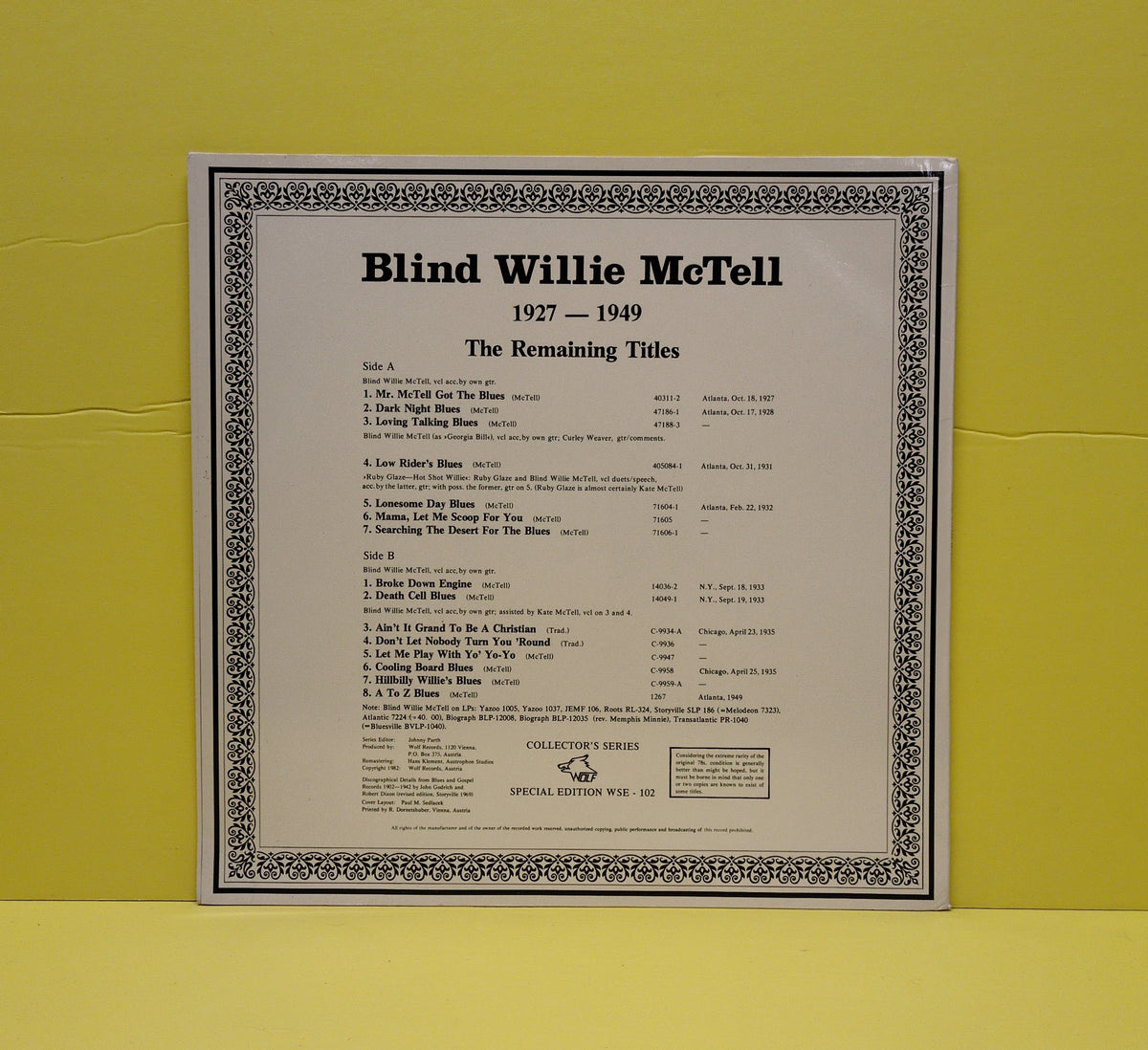 Blind Willie McTell - The Remaining Titles 1927-1949 - 1982 - WSE 102 Used - EX - Vinyl Blind Willie McTell - The Remaining Titles 1927-1949 - 1982 - WSE 102 Used - EX - Vinyl