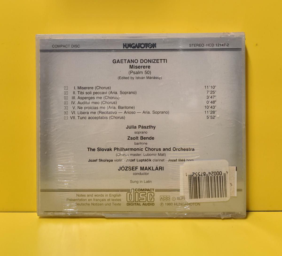 Donizetti, Julia Paszthy, Zsolt Bende, Slovak Philharmonic Orchestra, Slovak Philharmonic Chorus, Jozsef Maklari - Miserere (Psalm 50) - 1989 - HCD 12147-2 New - Sealed - CDs Donizetti, Julia Paszthy, Zsolt Bende, Slovak Philharmonic Orchestra, Slovak Philharmonic Chorus, Jozsef Maklari - Miserere (Psalm 50) - 1989 - HCD 12147-2 New - Sealed - CDs