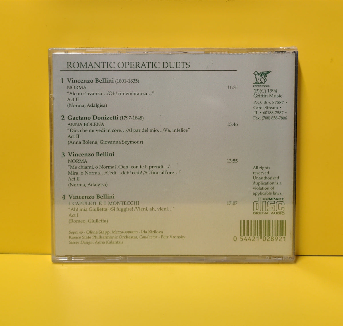 Donizetti, Bellini, Olivia Stapp, Ida Kirilova, Kosice State Philharmonic Orchestra, Petr Vronsky - Romantic Operatic Duets - 1994 - GCD-289-2 New - Sealed - CDs Donizetti, Bellini, Olivia Stapp, Ida Kirilova, Kosice State Philharmonic Orchestra, Petr Vronsky - Romantic Operatic Duets - 1994 - GCD-289-2 New - Sealed - CDs