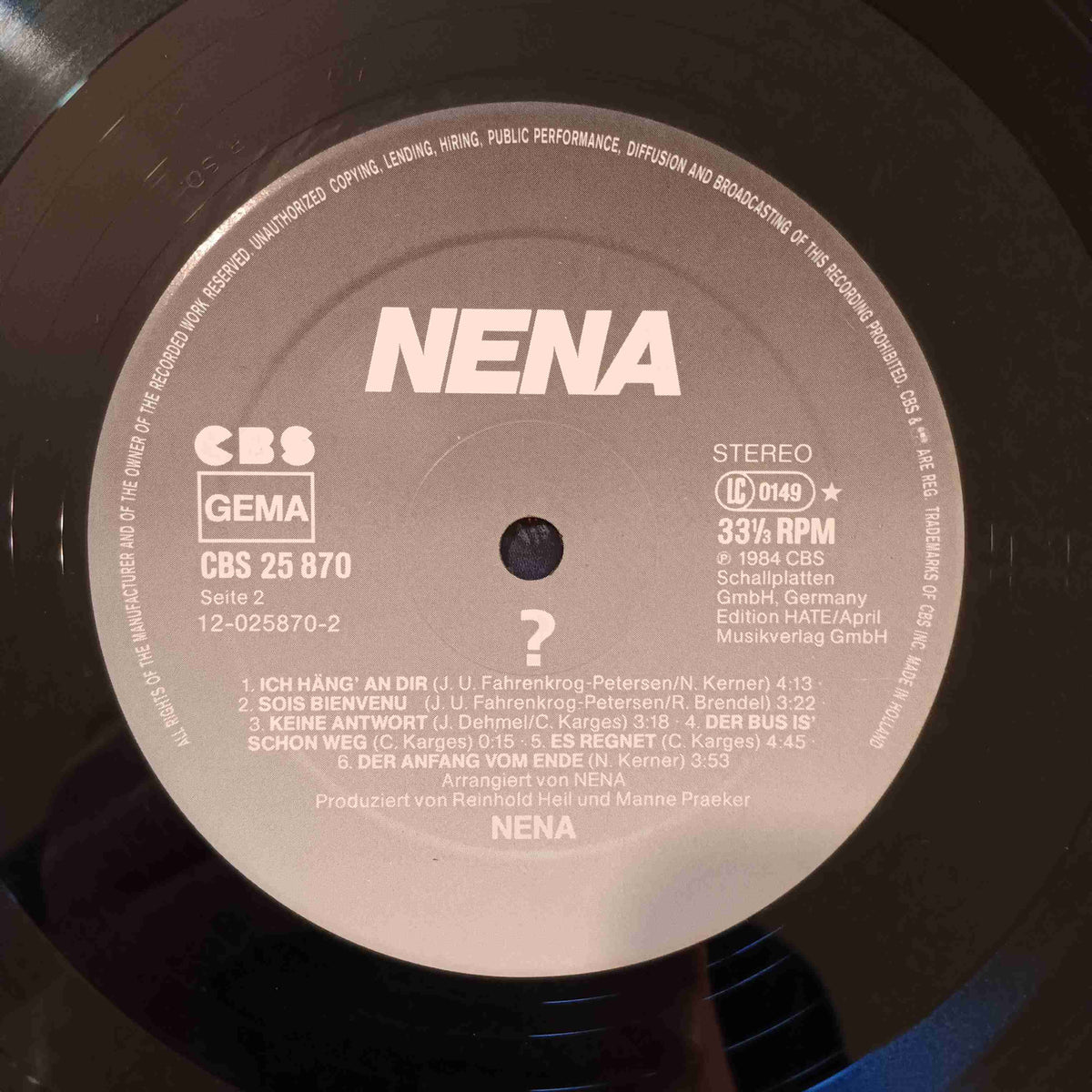 Nena - ? (Original German Press) - 1984 - CBS 25 870 Used - VG++ - Vinyl Nena - ? (Original German Press) - 1984 - CBS 25 870 Used - VG++ - Vinyl