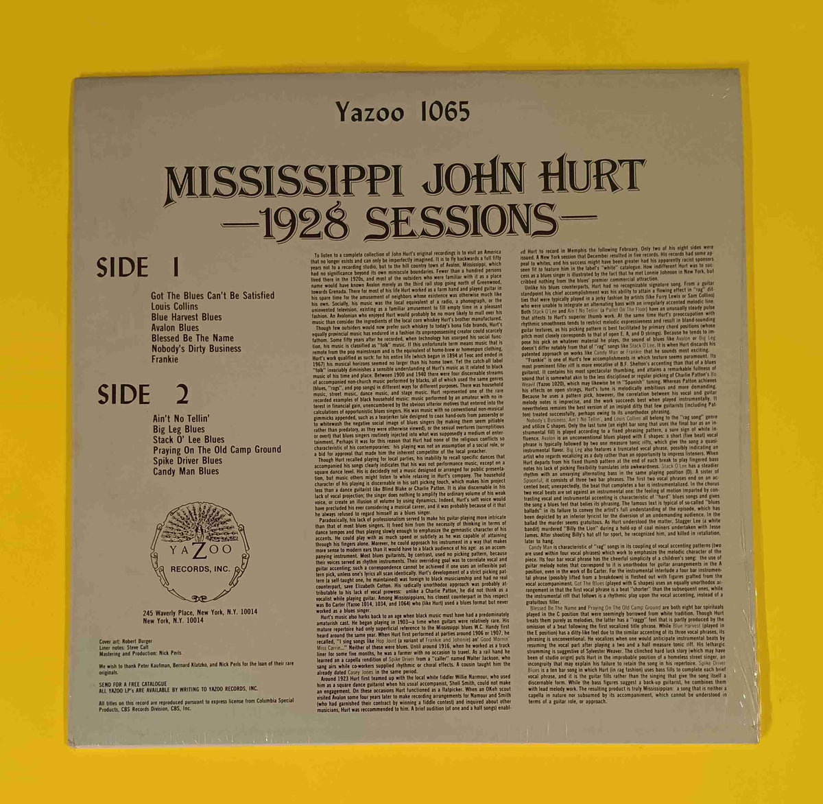 Mississippi John Hurt - 1928 Sessions w. Shrink - 1979 - L-1065 Used - EX - Vinyl Mississippi John Hurt - 1928 Sessions w. Shrink - 1979 - L-1065 Used - EX - Vinyl