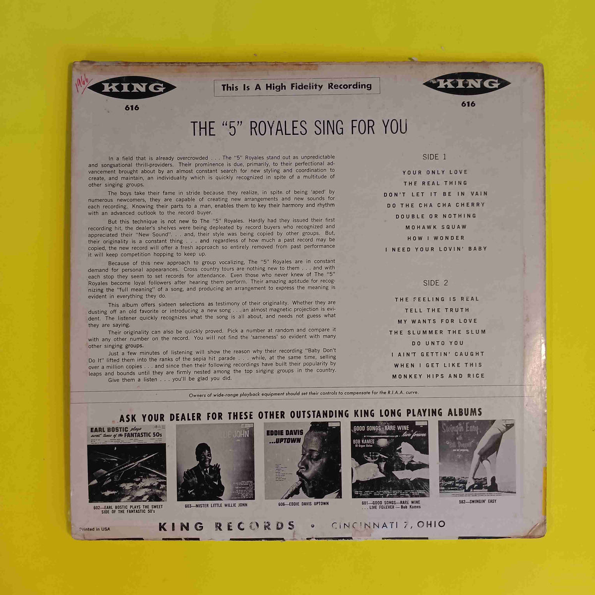 The 5 Royales - Sing For You ORIGINAL DG - 1959 - King 616 Used - VG+ - Vinyl The 5 Royales - Sing For You ORIGINAL DG - 1959 - King 616 Used - VG+ - Vinyl