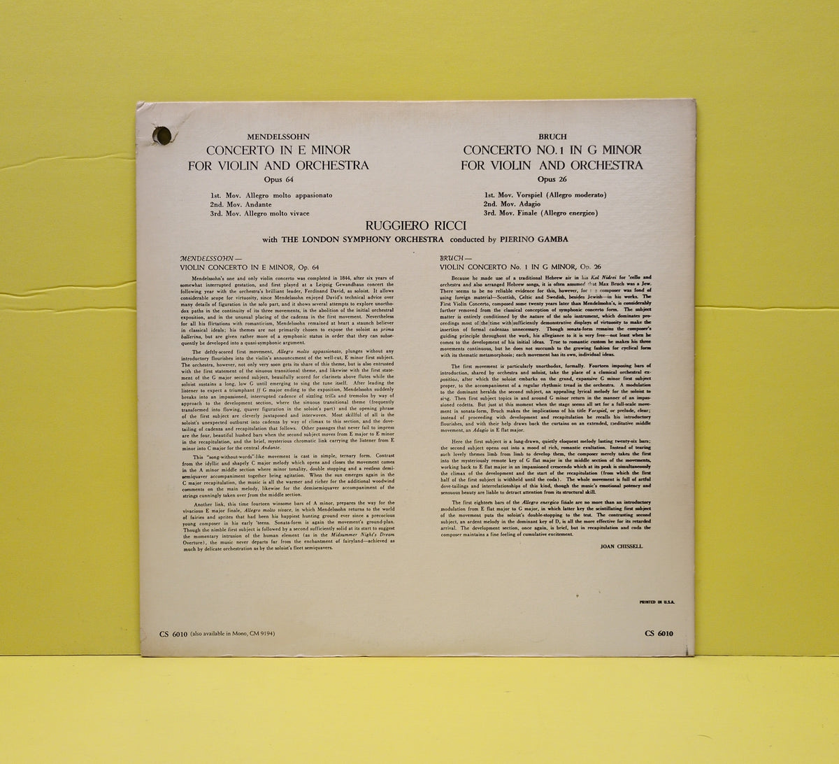 Mendelssohn, Bruch - Ricci, London Symphony Orchestra, Gamba - Violin Concertos - CS 6010 Used - EX - Vinyl Mendelssohn, Bruch - Ricci, London Symphony Orchestra, Gamba - Violin Concertos - CS 6010 Used - EX - Vinyl