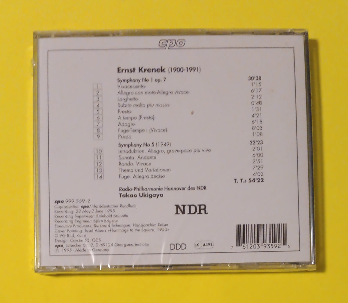 Ernst Krenek - Radio-Philharmonie Hannover Des NDR, Takao Ukigaya - 1995 - 999 359-2 New - Sealed - CDs Ernst Krenek - Radio-Philharmonie Hannover Des NDR, Takao Ukigaya - 1995 - 999 359-2 New - Sealed - CDs