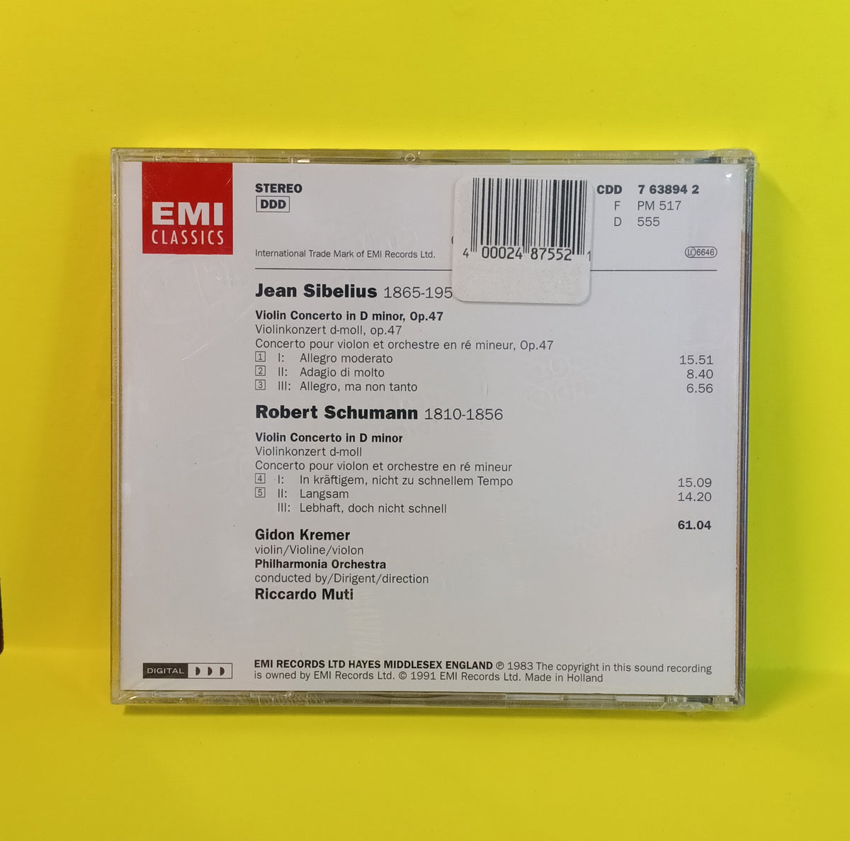 Gidon Kremer, Riccardo Muti, Philharmonia Orchestra / Sibelius & Schumann - Violin Concertos - 1991 - CDD 7 63894 2 New - Sealed - CDs Gidon Kremer, Riccardo Muti, Philharmonia Orchestra / Sibelius & Schumann - Violin Concertos - 1991 - CDD 7 63894 2 New - Sealed - CDs