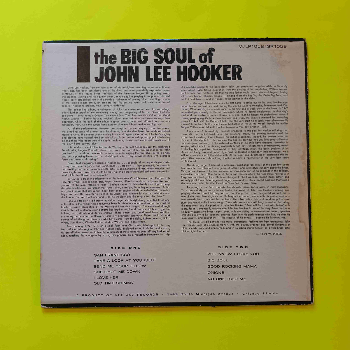 John Lee Hooker - The Big Soul of (Bracket Label DG) - 1963 - VJLP 1058 Used - VG++ - Vinyl John Lee Hooker - The Big Soul of (Bracket Label DG) - 1963 - VJLP 1058 Used - VG++ - Vinyl