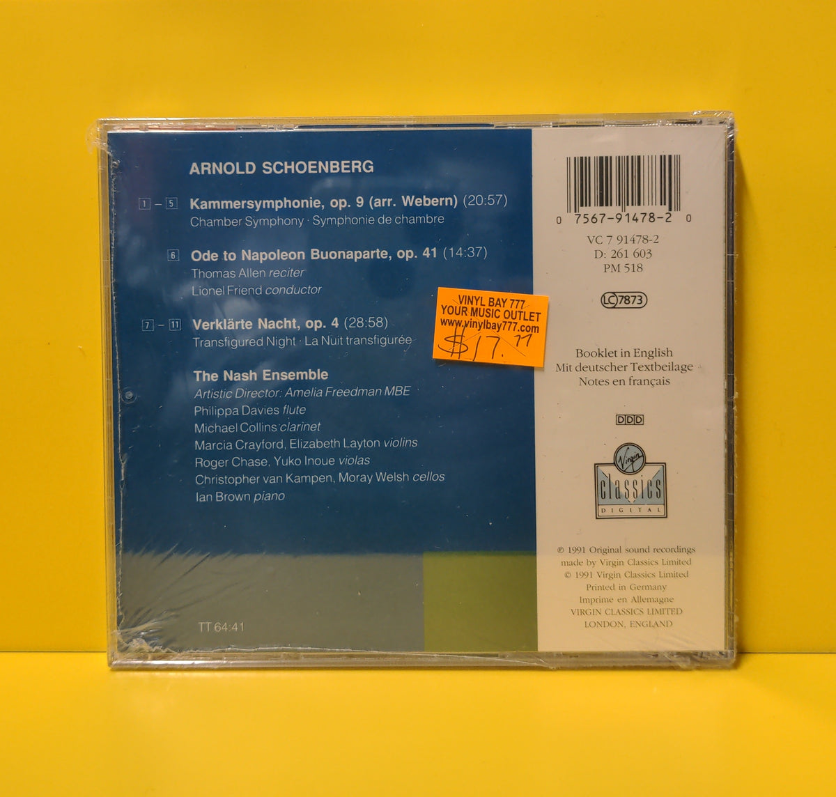 Schoenberg, The Nash Ensemble, Thomas Allen - Ode To Napoleon / Verklärte Nacht / Kammersymphonie Nr 1 - 1991 - VC 7 91478-2 New - Sealed - CDs Schoenberg, The Nash Ensemble, Thomas Allen - Ode To Napoleon / Verklärte Nacht / Kammersymphonie Nr 1 - 1991 - VC 7 91478-2 New - Sealed - CDs