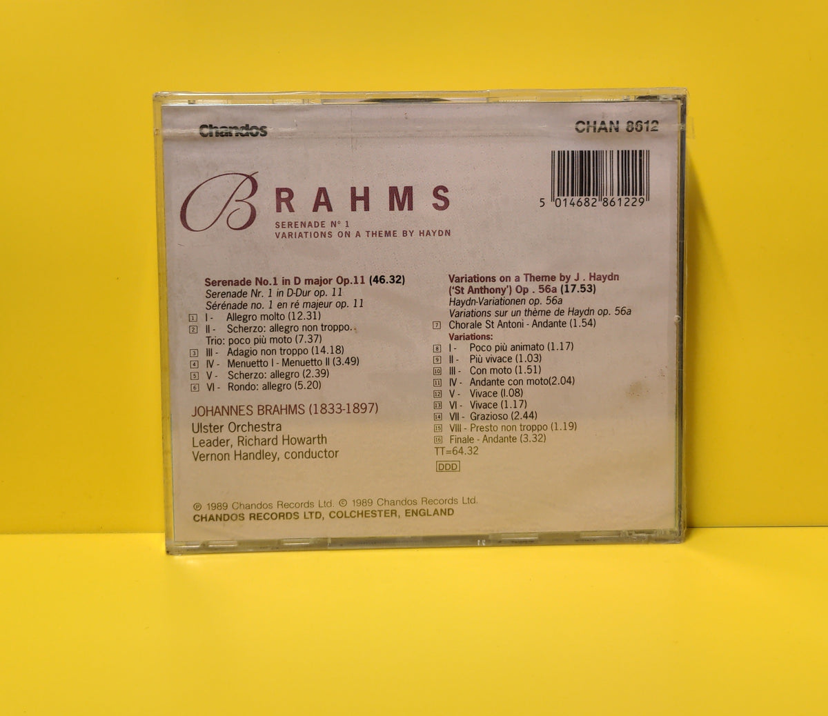 Brahms, Ulster Orchestra, Vernon Handley - Serenade N°1 / Variations On A Theme By Haydn - 1989 - CHAN 8612 New - Sealed - CDs Brahms, Ulster Orchestra, Vernon Handley - Serenade N°1 / Variations On A Theme By Haydn - 1989 - CHAN 8612 New - Sealed - CDs
