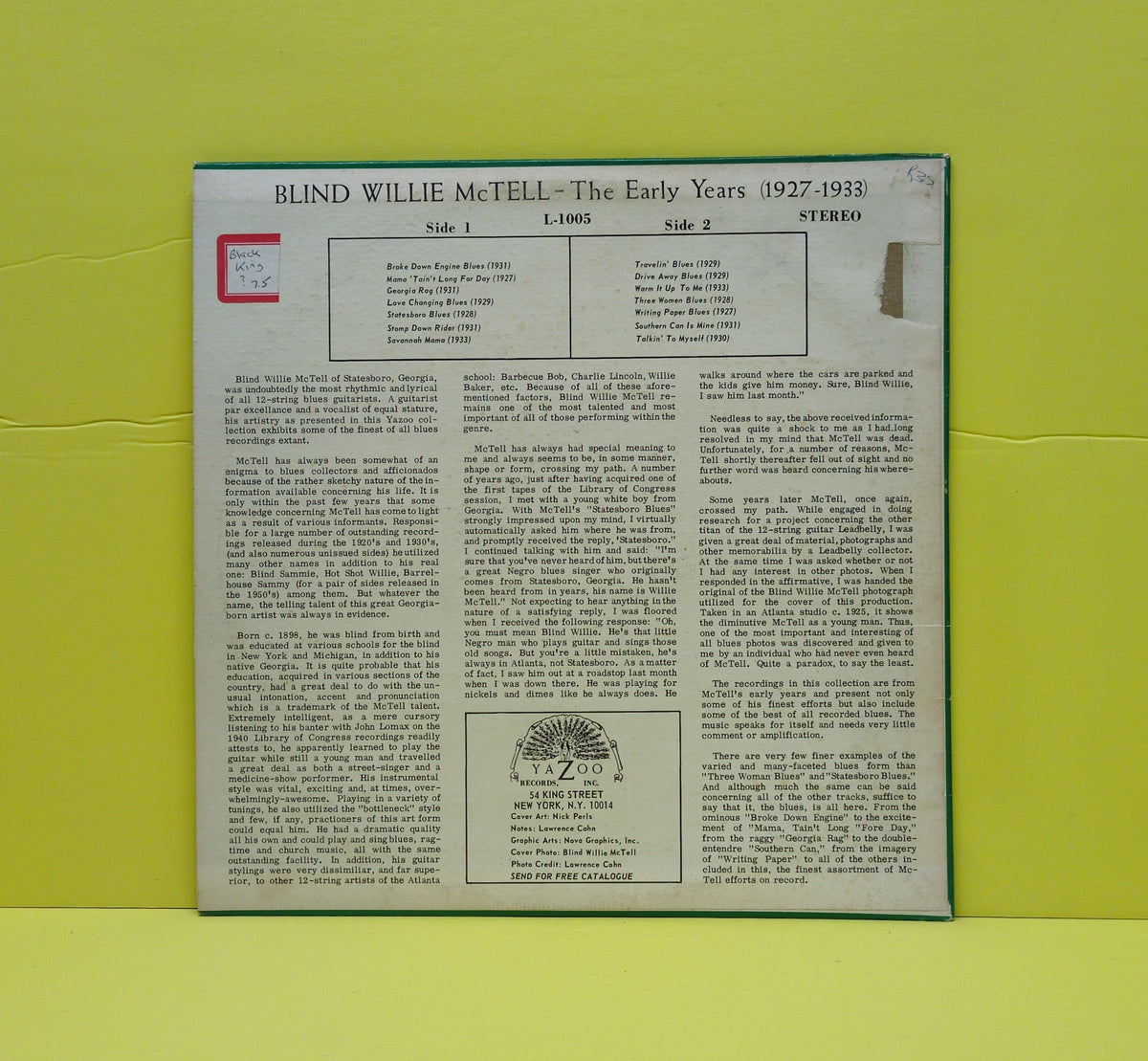Blind Willie McTell - The Early Years 1927-1933 - 1968 - L-1005 Used - VG++ - Vinyl Blind Willie McTell - The Early Years 1927-1933 - 1968 - L-1005 Used - VG++ - Vinyl