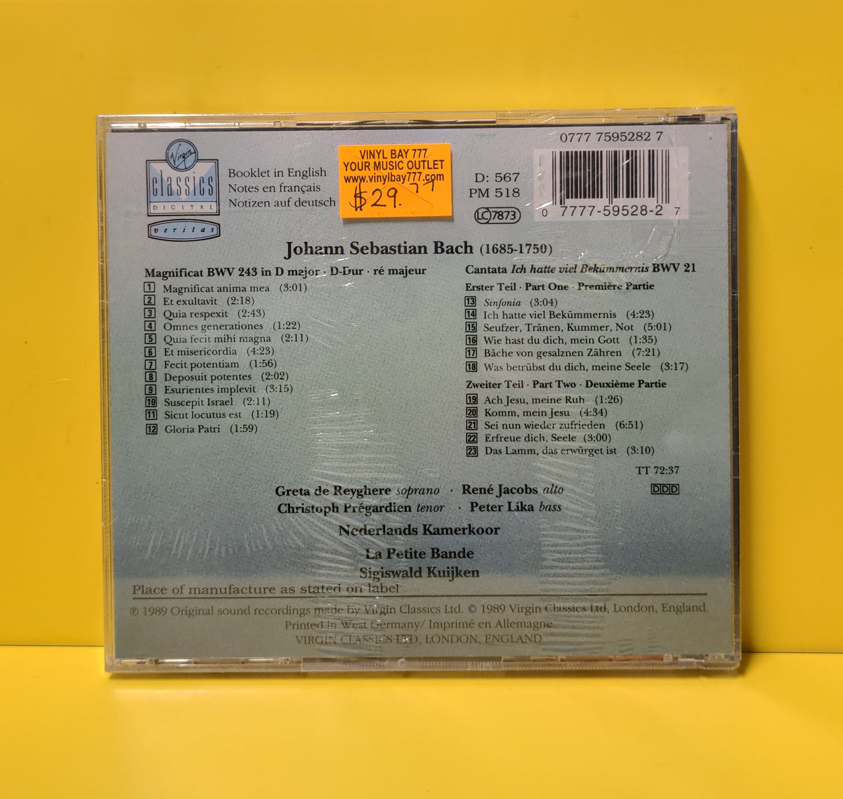 de Reyghere, Jacobs, Prégardien, Lika, Nederlands Kamerkoor, La Petite Bande, Sigiswald Kuijken, J S Bach - Magnificent BWV 243 / Cantata BWV 21 - 1989 - 0777 7595282 7 New - Sealed - CDs de Reyghere, Jacobs, Prégardien, Lika, Nederlands Kamerkoor, La Petite Bande, Sigiswald Kuijken, J S Bach - Magnificent BWV 243 / Cantata BWV 21 - 1989 - 0777 7595282 7 New - Sealed - CDs