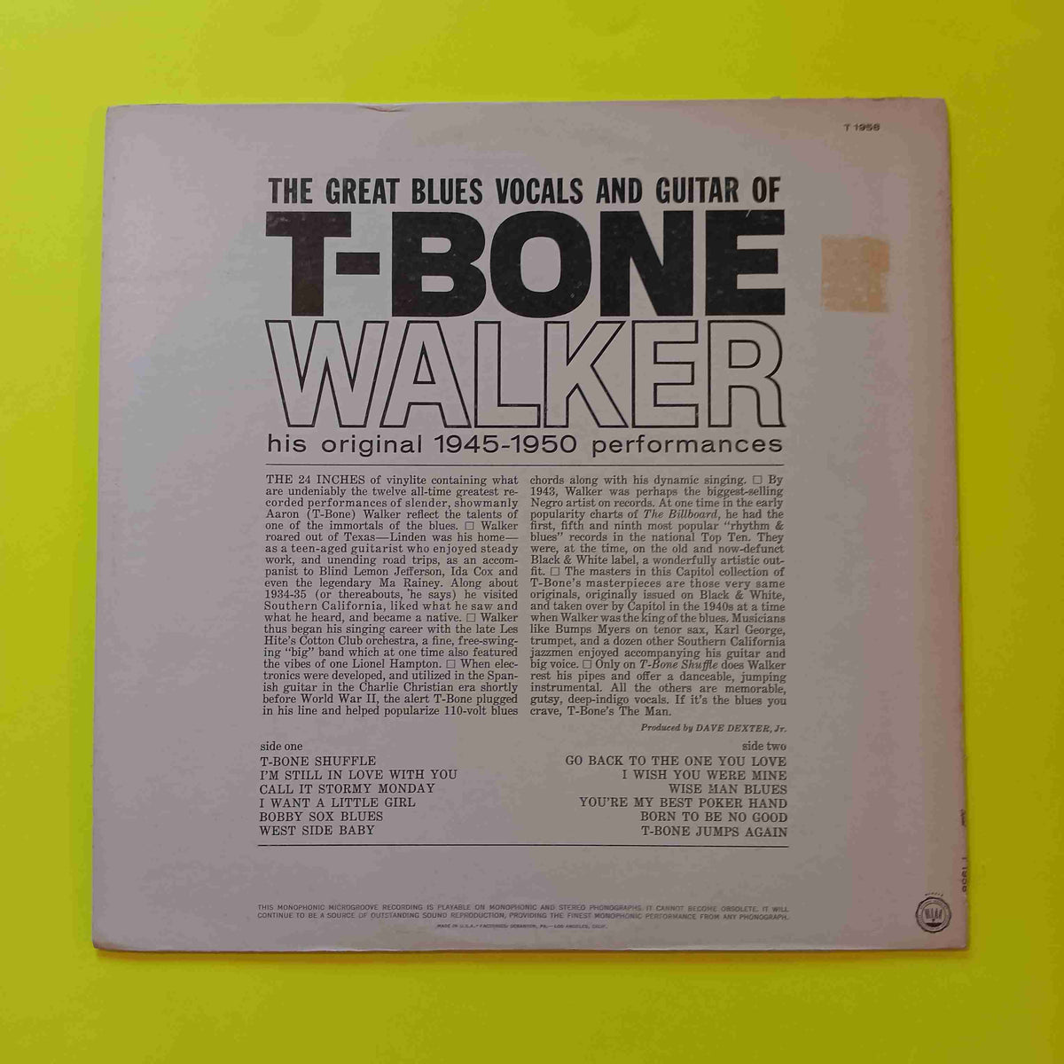 T-Bone Walker - The Great Blues Vocals And Guitar of (Original) - 1963 - T-1958 Used - VG++ - Vinyl T-Bone Walker - The Great Blues Vocals And Guitar of (Original) - 1963 - T-1958 Used - VG++ - Vinyl