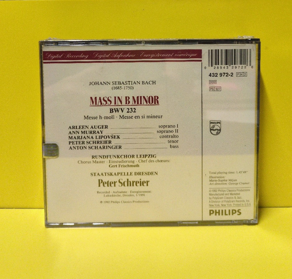 Bach, Peter Schreier, Arleen Auger, Ann Murray, Marjana Lipovšek, Anton Scharinger, Rundfunkchor Leipzig, Staatskapelle Dresden - Mass in B Minor - 1992 - 432 972-2 - New - Sealed - CDs - 2xCD Bach, Peter Schreier, Arleen Auger, Ann Murray, Marjana Lipovšek, Anton Scharinger, Rundfunkchor Leipzig, Staatskapelle Dresden - Mass in B Minor - 1992 - 432 972-2 - New - Sealed - CDs - 2xCD