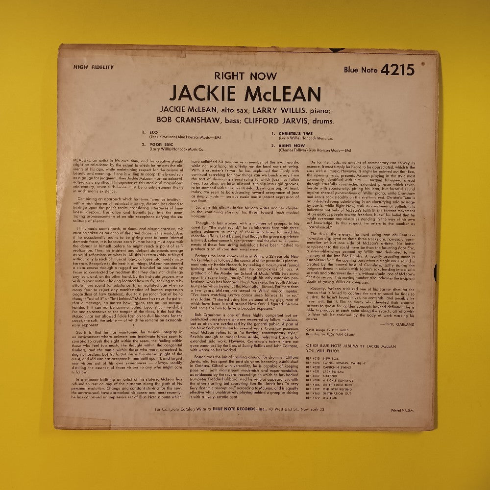 Jackie McLean - Right Now / OG Mono RVG - 1966 - BLP 4215 - Used - VG+ - Vinyl Jackie McLean - Right Now / OG Mono RVG - 1966 - BLP 4215 - Used - VG+ - Vinyl