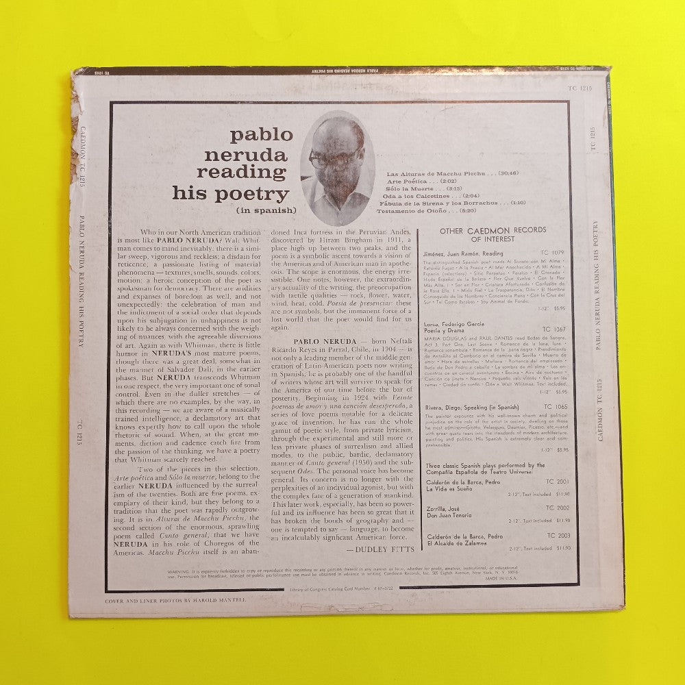 Pablo Neruda - Reading His Poetry - TC 1215 - Used - VG++ - Vinyl Pablo Neruda - Reading His Poetry - TC 1215 - Used - VG++ - Vinyl