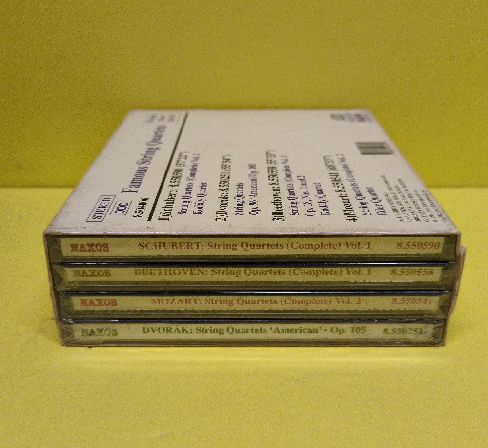 Schubert, Dvorak, Beethoven, Mozart - Famous String Quartets - 1996 - 8.504006 - New - New - CDs - 4xCD Box Set - No Shrink Wrap On Box Schubert, Dvorak, Beethoven, Mozart - Famous String Quartets - 1996 - 8.504006 - New - New - CDs - 4xCD Box Set - No Shrink Wrap On Box