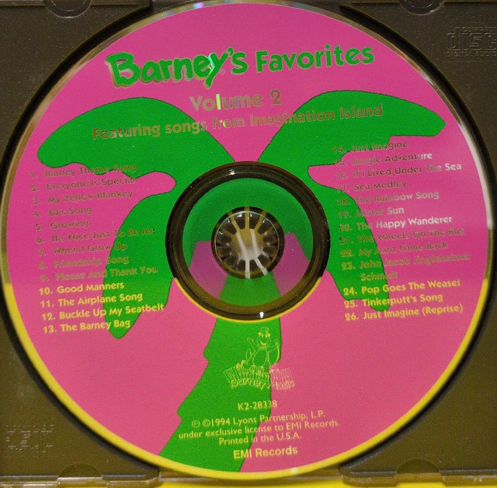 Barney - Barney's Favorites Vol. 2 (Featuring Songs From Imagination Island) - 1994 - K2-28338 RE-1/7243 8 28338 2 6 - Used - VG++ - CDs - Reissue Barney - Barney's Favorites Vol. 2 (Featuring Songs From Imagination Island) - 1994 - K2-28338 RE-1/7243 8 28338 2 6 - Used - VG++ - CDs - Reissue