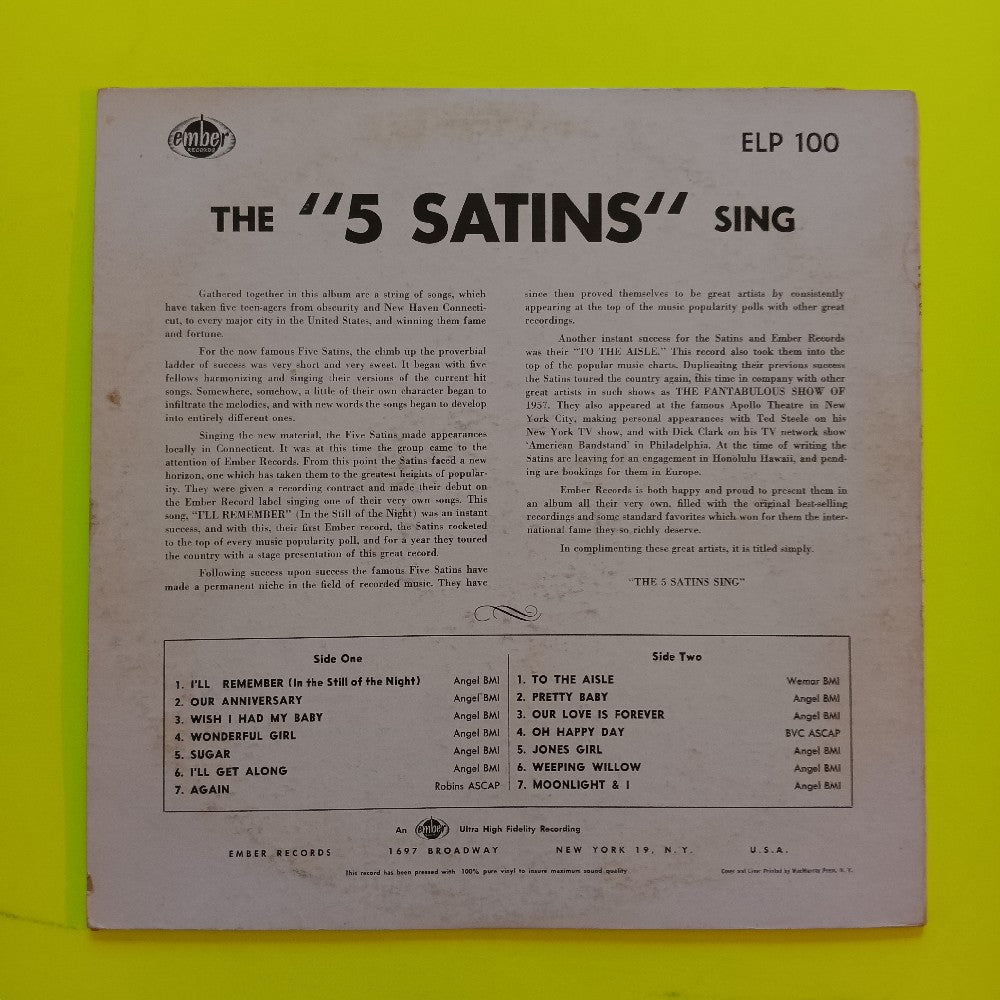 The Five Satins - The 5 Satins Sing OG Mono DG - 1957 - ELP-100 - Used - VG+ - Vinyl The Five Satins - The 5 Satins Sing OG Mono DG - 1957 - ELP-100 - Used - VG+ - Vinyl